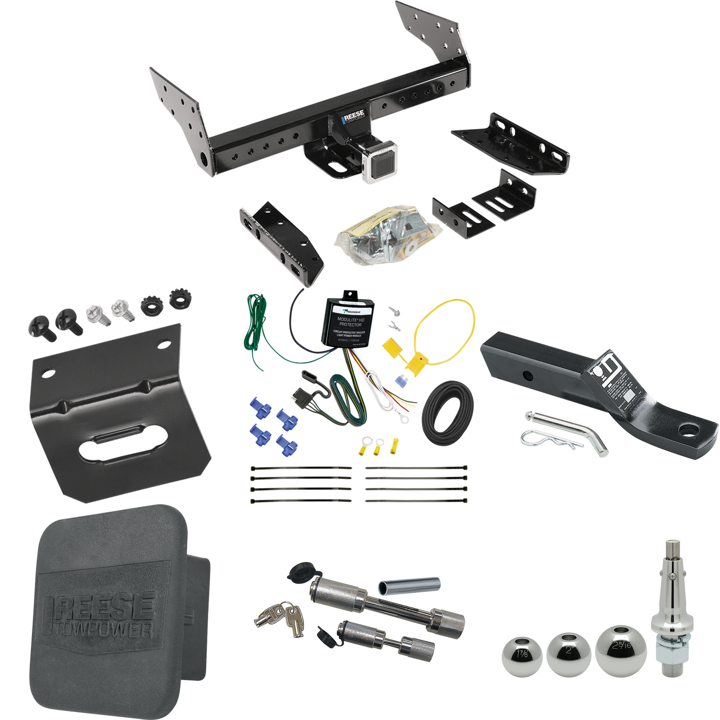 Fits 1993-1993 Jeep Grand Cherokee Trailer Hitch Tow PKG w/ 4-Flat Wiring + Ball Mount w/ 2" Drop + Interchangeable Ball 1-7/8" & 2" & 2-5/16" + Wiring Bracket + Dual Hitch & Coupler Locks + Hitch Cover By Reese Towpower