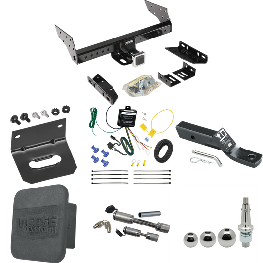 Fits 1993-1993 Jeep Grand Cherokee Trailer Hitch Tow PKG w/ 4-Flat Wiring + Ball Mount w/ 2" Drop + Interchangeable Ball 1-7/8" & 2" & 2-5/16" + Wiring Bracket + Dual Hitch & Coupler Locks + Hitch Cover By Reese Towpower