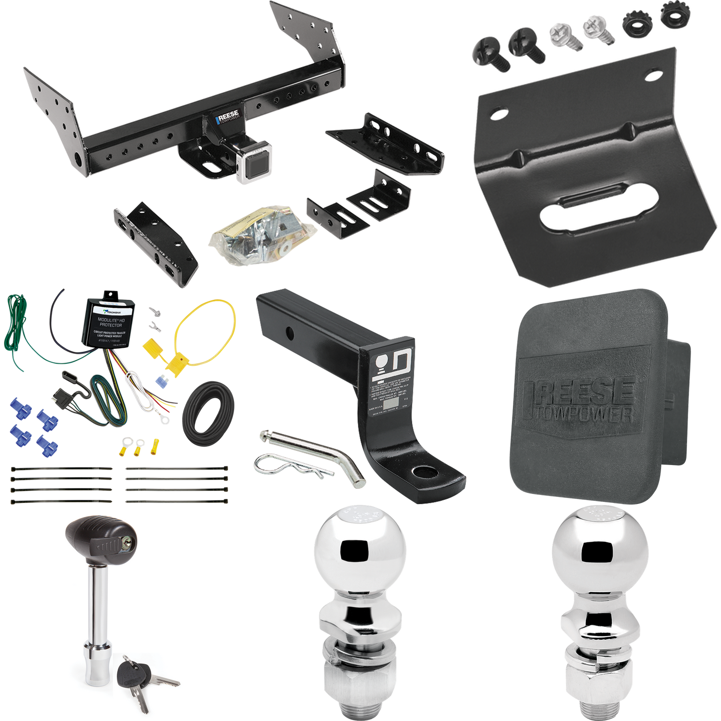 Fits 2004-2004 Ford Escape Trailer Hitch Tow PKG w/ 4-Flat Wiring + Ball Mount w/ 4" Drop + 2" Ball + 2-5/16" Ball + Wiring Bracket + Hitch Lock + Hitch Cover By Reese Towpower