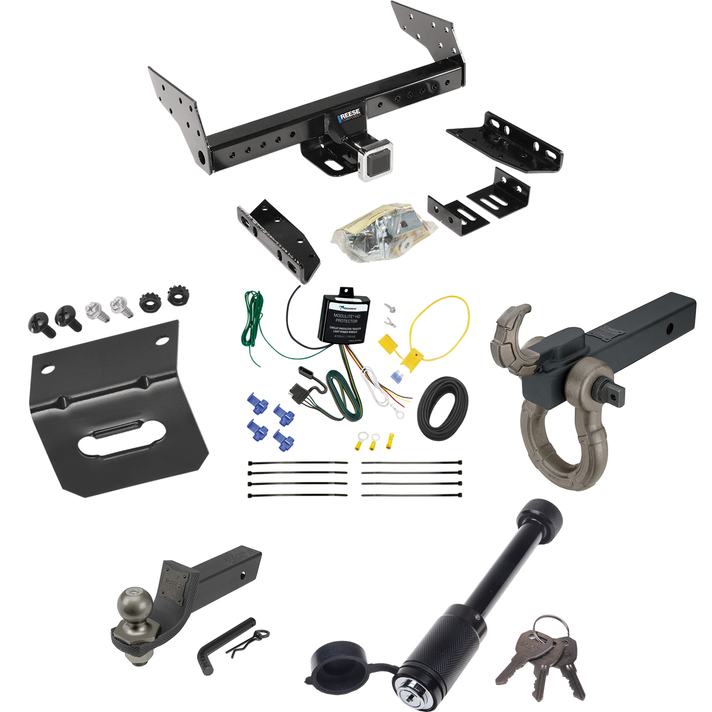 Fits 2004-2004 Ford Escape Trailer Hitch Tow PKG w/ 4-Flat Wiring + Interlock Tactical Starter Kit w/ 2" Drop & 2" Ball + Tactical Hook & Shackle Mount + Tactical Dogbone Lock + Wiring Bracket By Reese Towpower