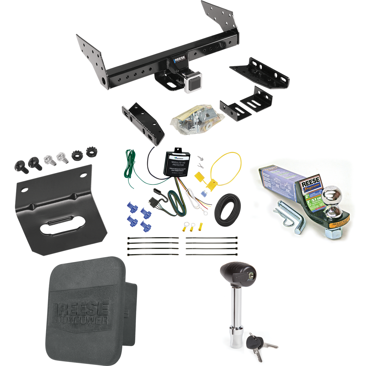 Fits 2004-2004 Mazda Tribute Trailer Hitch Tow PKG w/ 4-Flat Wiring + Starter Kit Ball Mount w/ 2" Drop & 1-7/8" Ball + Wiring Bracket + Hitch Lock + Hitch Cover By Reese Towpower