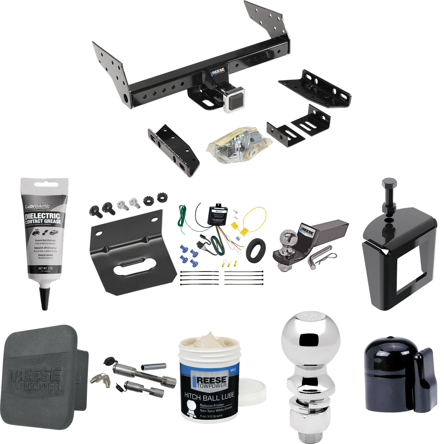 Fits 1993-1993 Jeep Grand Cherokee Trailer Hitch Tow PKG w/ 4-Flat Wiring + Starter Kit Ball Mount w/ 2" Drop & 2" Ball + 2-5/16" Ball + Wiring Bracket + Dual Hitch & Coupler Locks + Hitch Cover + Wiring Tester + Ball Lube +Electric Grease + Ball Wre