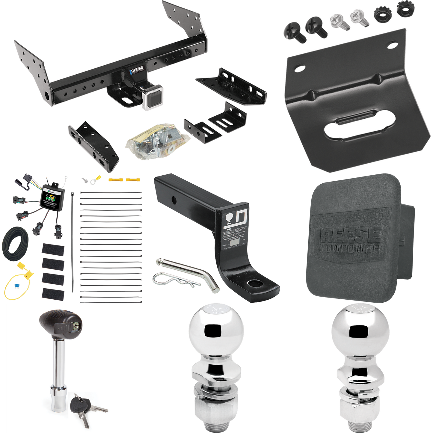 Fits 1999-2003 Ford Windstar Trailer Hitch Tow PKG w/ 4-Flat Zero Contact "No Splice" Wiring + Ball Mount w/ 4" Drop + 2" Ball + 2-5/16" Ball + Wiring Bracket + Hitch Lock + Hitch Cover (For (Built Before 11/2002) Models) By Reese Towpower