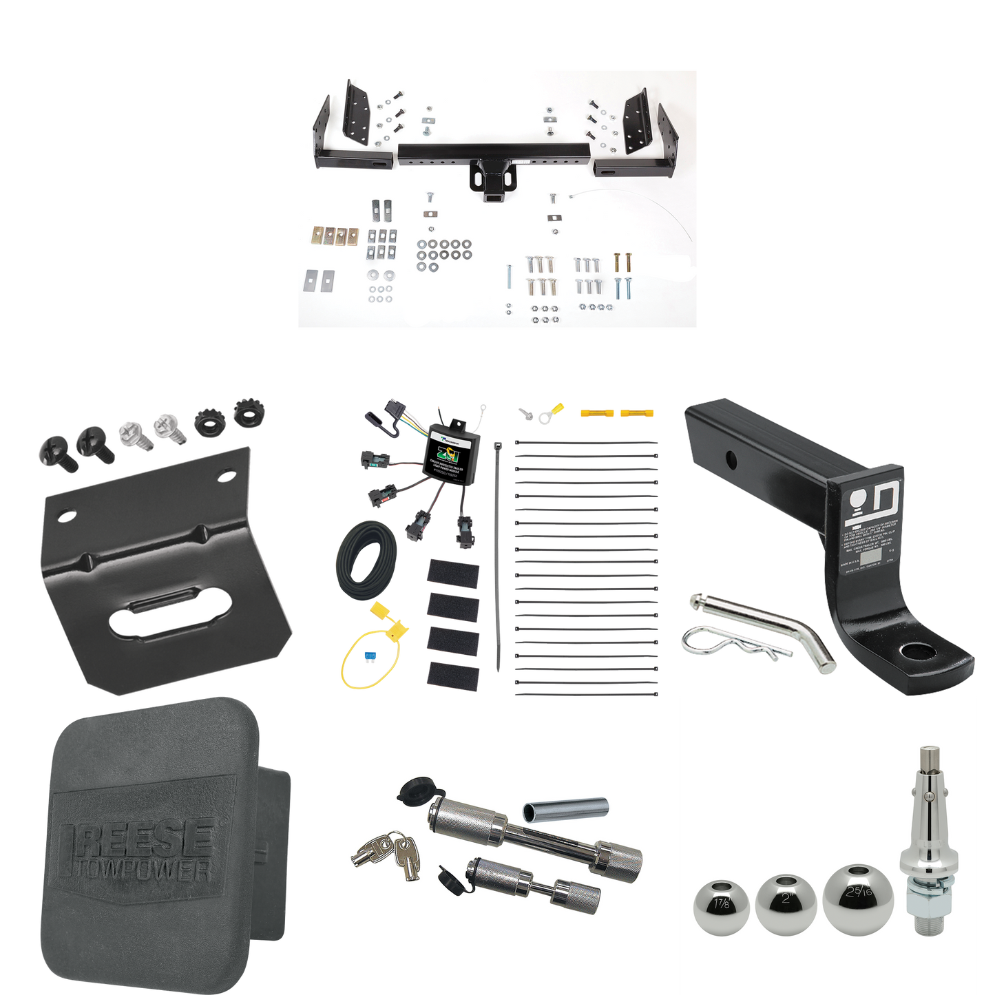 Fits 1993-1993 Jeep Grand Cherokee Trailer Hitch Tow PKG w/ 4-Flat Zero Contact "No Splice" Wiring + Ball Mount w/ 4" Drop + Interchangeable Ball 1-7/8" & 2" & 2-5/16" + Wiring Bracket + Dual Hitch & Coupler Locks + Hitch Cover By Reese Towpower