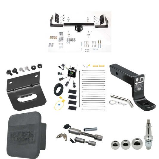 Fits 1993-1993 Jeep Grand Cherokee Trailer Hitch Tow PKG w/ 4-Flat Zero Contact "No Splice" Wiring + Ball Mount w/ 4" Drop + Interchangeable Ball 1-7/8" & 2" & 2-5/16" + Wiring Bracket + Dual Hitch & Coupler Locks + Hitch Cover By Reese Towpower