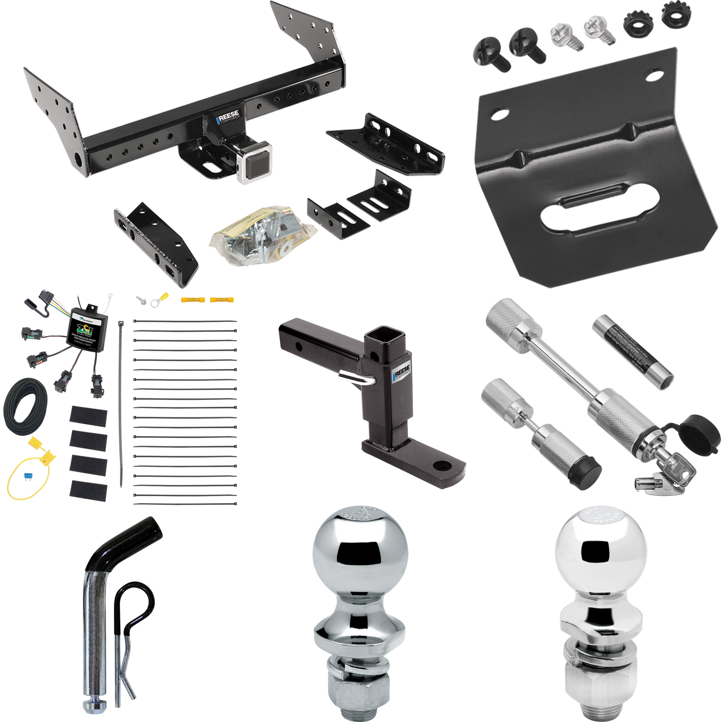 Fits 2004-2004 Ford Escape Trailer Hitch Tow PKG w/ 4-Flat Zero Contact "No Splice" Wiring Harness + Adjustable Drop Rise Ball Mount + Pin/Clip + 2" Ball + 1-7/8" Ball + Dual Hitch & Coupler Locks By Reese Towpower