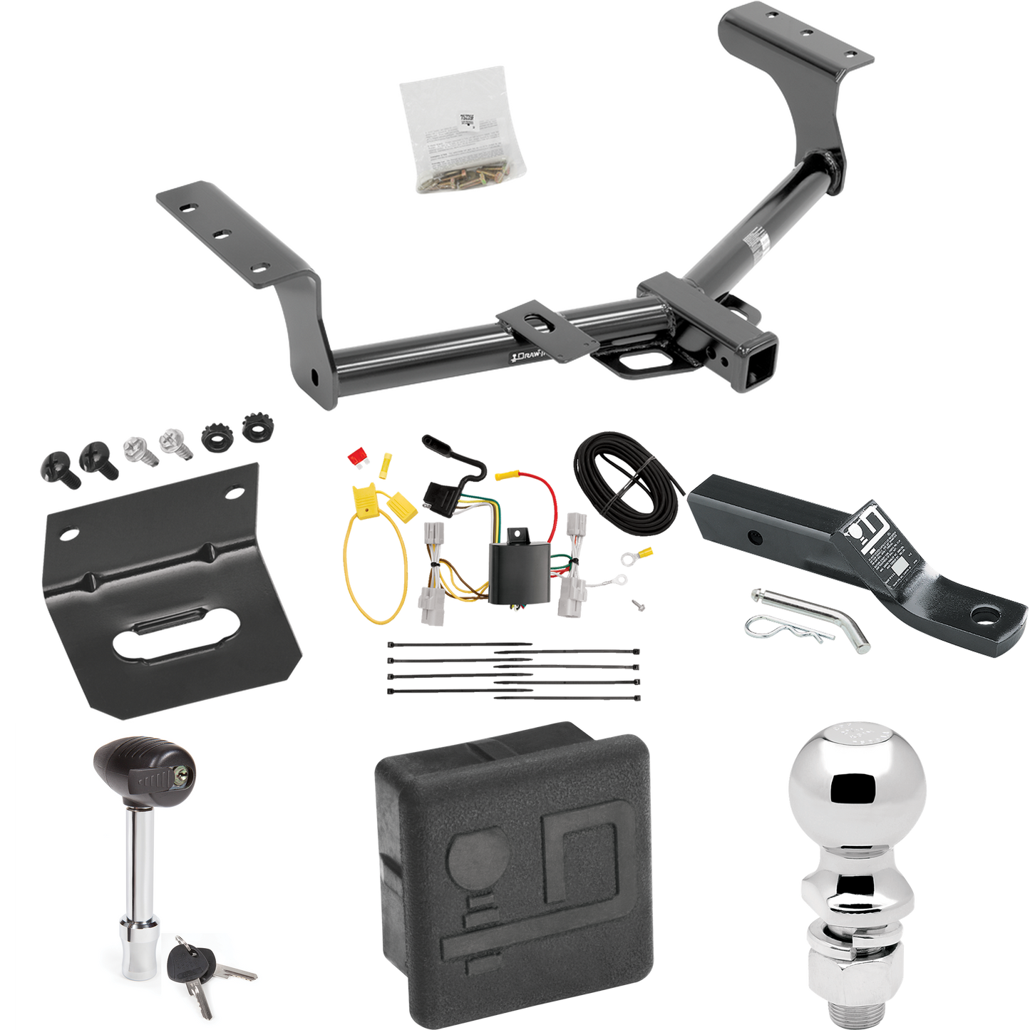 Fits 2006-2012 Toyota RAV4 Trailer Hitch Tow PKG w/ 4-Flat Wiring + Ball Mount w/ 2" Drop + 2-5/16" Ball + Wiring Bracket + Hitch Lock + Hitch Cover By Draw-Tite