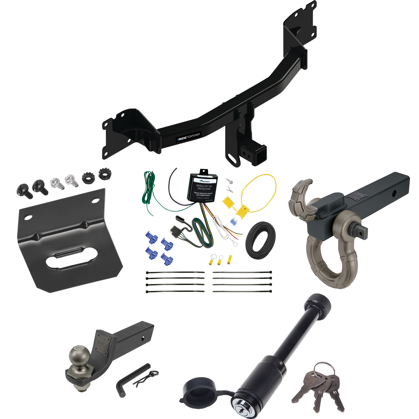 Fits 2020-2023 Porsche Cayenne Trailer Hitch Tow PKG w/ 4-Flat Wiring + Interlock Tactical Starter Kit w/ 2" Drop & 2" Ball + Tactical Hook & Shackle Mount + Tactical Dogbone Lock + Wiring Bracket (For Coupe Models) By Reese Towpower