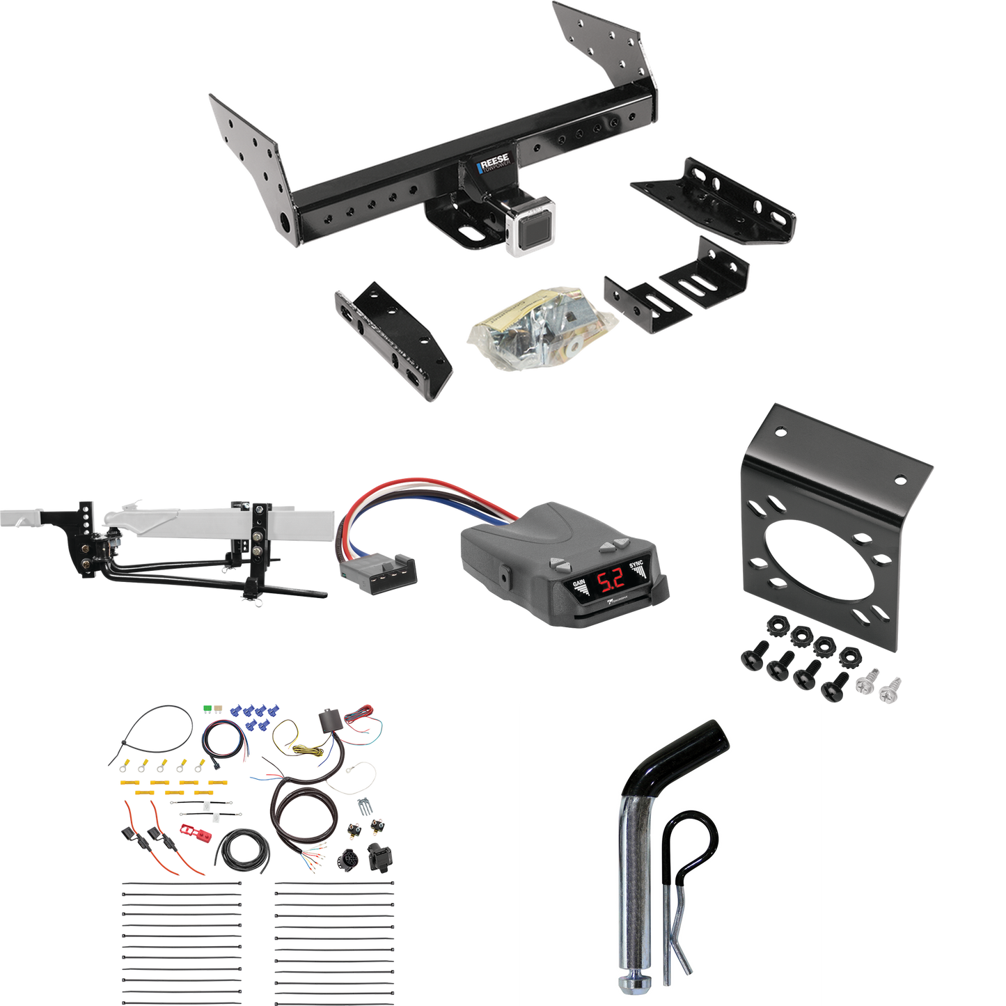 Fits 1984-1990 Ford Bronco II Trailer Hitch Tow PKG w/ 6K Round Bar Weight Distribution Hitch w/ 2-5/16" Ball + Pin/Clip + Tekonsha Brakeman IV Brake Control + 7-Way RV Wiring By Reese Towpower