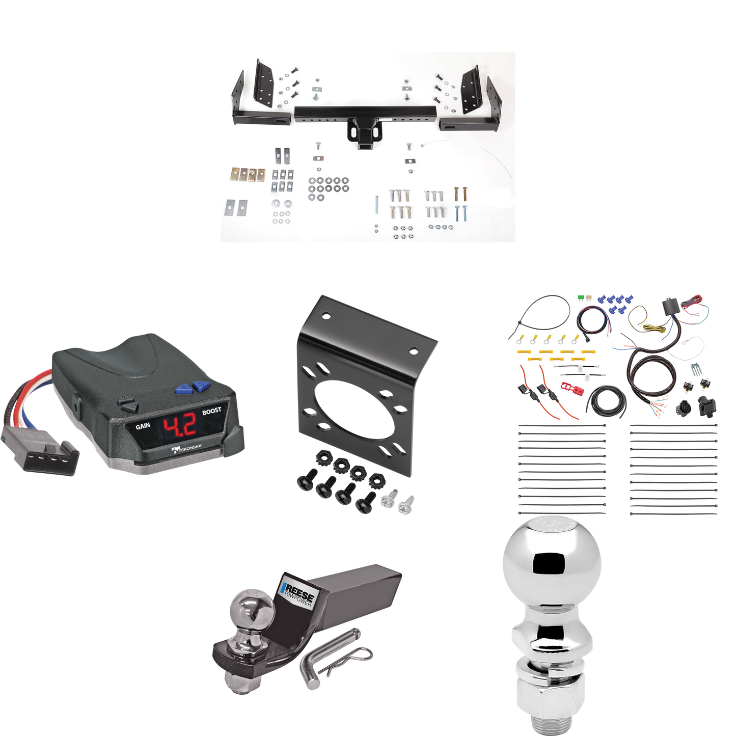 Se adapta al paquete de enganche de remolque Ford Bronco II 1984-1990 con control de freno Tekonsha BRAKE-EVN + cableado RV de 7 vías + soporte de bola y caída de 2" y 2-5/16" de Reese Towpower