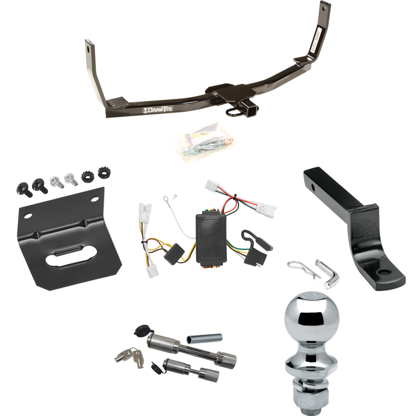 Fits 2006-2009 Hyundai Sonata Trailer Hitch Tow PKG w/ 4-Flat Wiring Harness + Draw-Bar + 1-7/8" Ball + Wiring Bracket + Dual Hitch & Coupler Locks By Draw-Tite