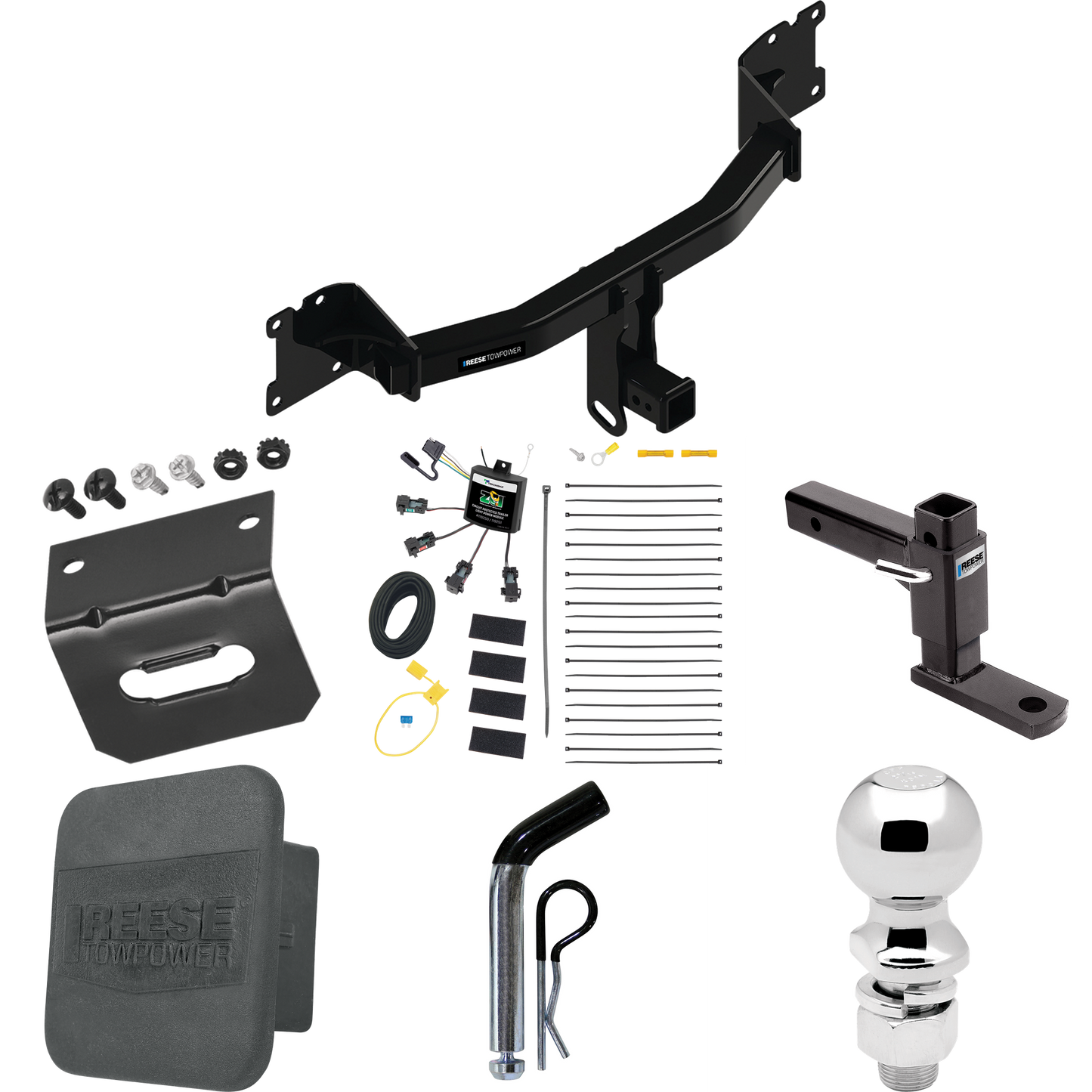 Fits 2020-2023 Porsche Cayenne Trailer Hitch Tow PKG w/ 4-Flat Zero Contact "No Splice" Wiring + Adjustable Drop Rise Ball Mount + Pin/Clip + 2-5/16" Ball + Wiring Bracket + Hitch Cover (For Coupe Models) By Reese Towpower