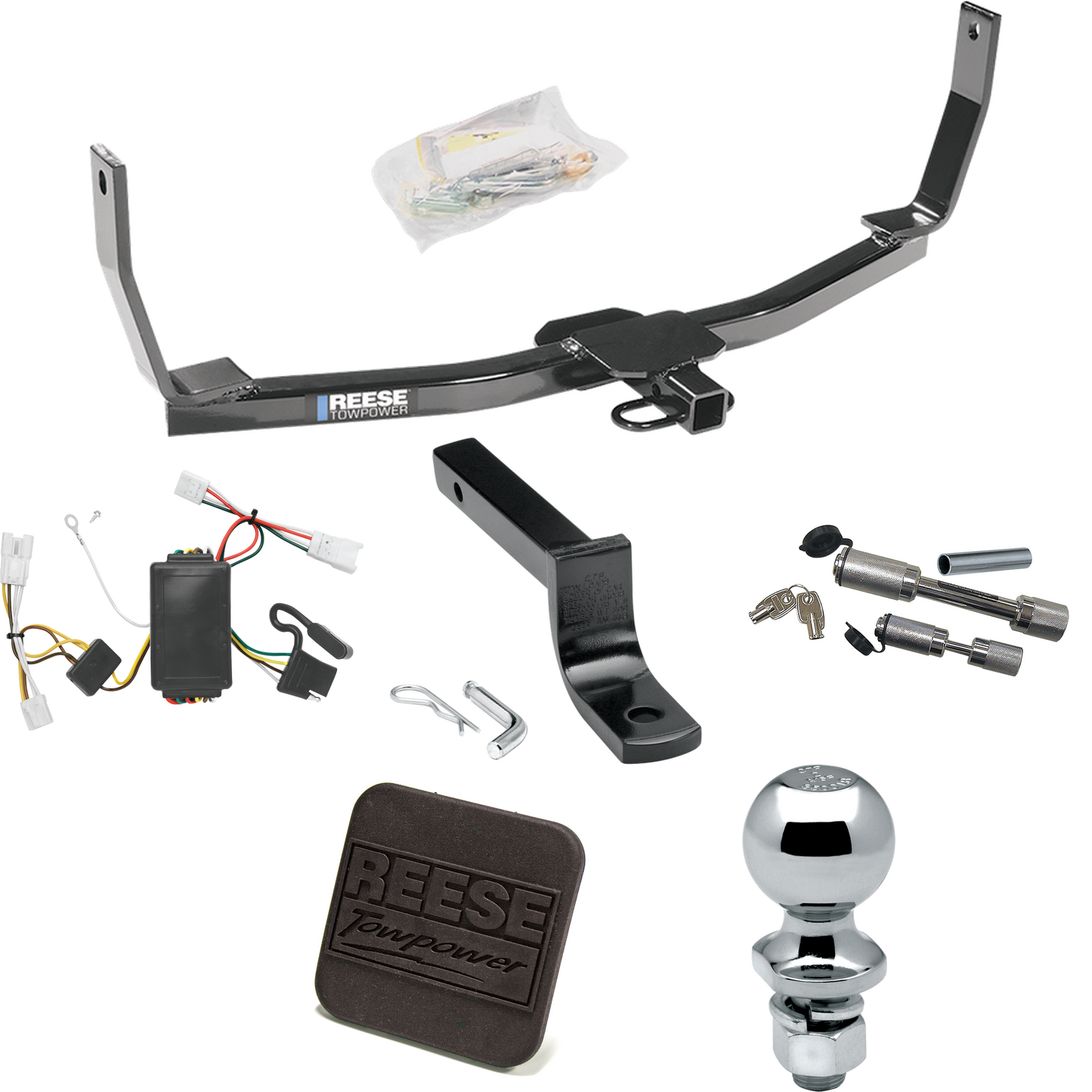 Se adapta al paquete de enganche de remolque Hyundai Sonata 2006-2009 con arnés de cableado plano de 4 + barra de tracción + bola de 2" + cubierta de enganche + enganche doble y cerraduras de acoplador de Reese Towpower