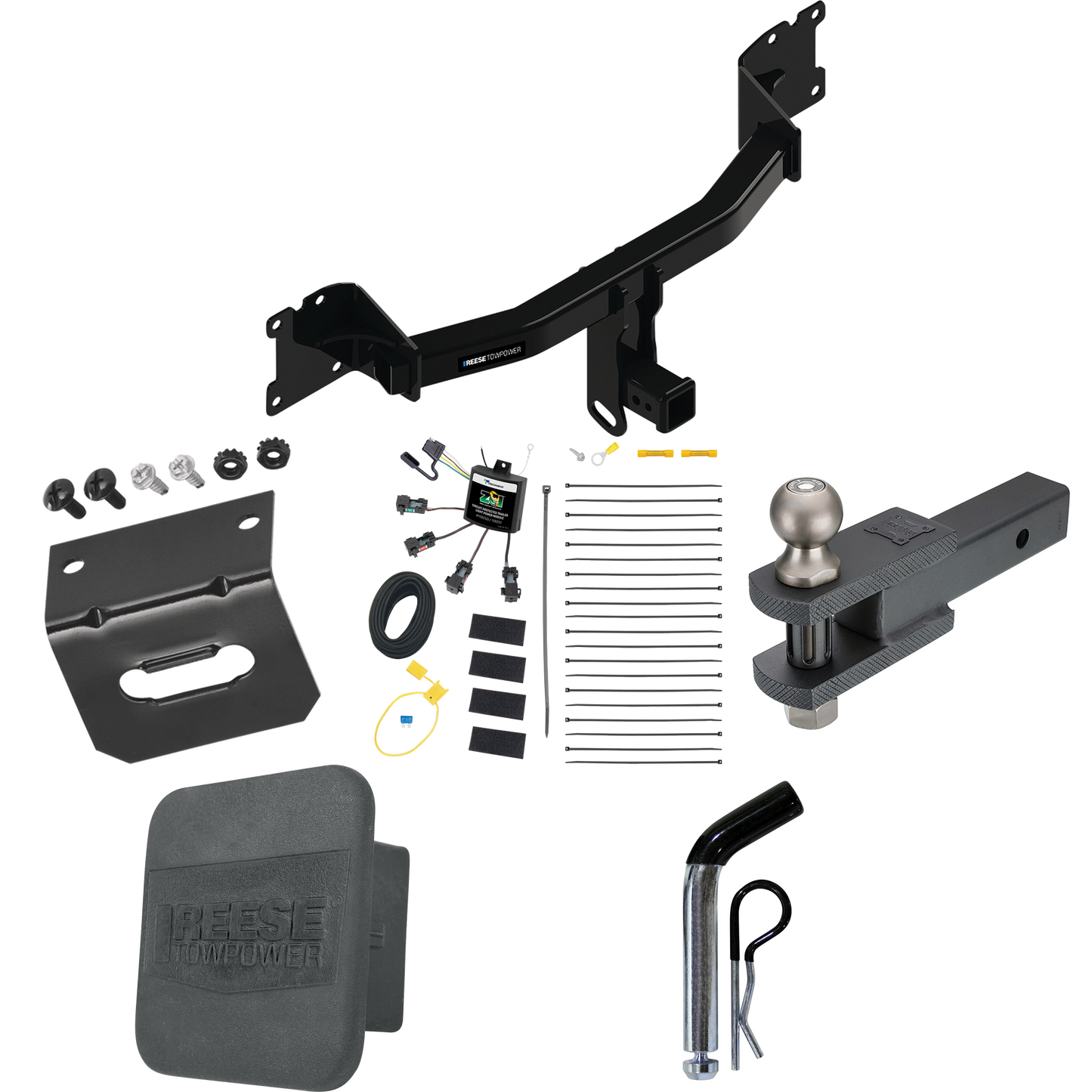 Fits 2020-2023 Porsche Cayenne Trailer Hitch Tow PKG w/ 4-Flat Zero Contact "No Splice" Wiring + Clevis Hitch Ball Mount w/ 2" Ball + Pin/Clip + Wiring Bracket + Hitch Cover (For Coupe Models) By Reese Towpower