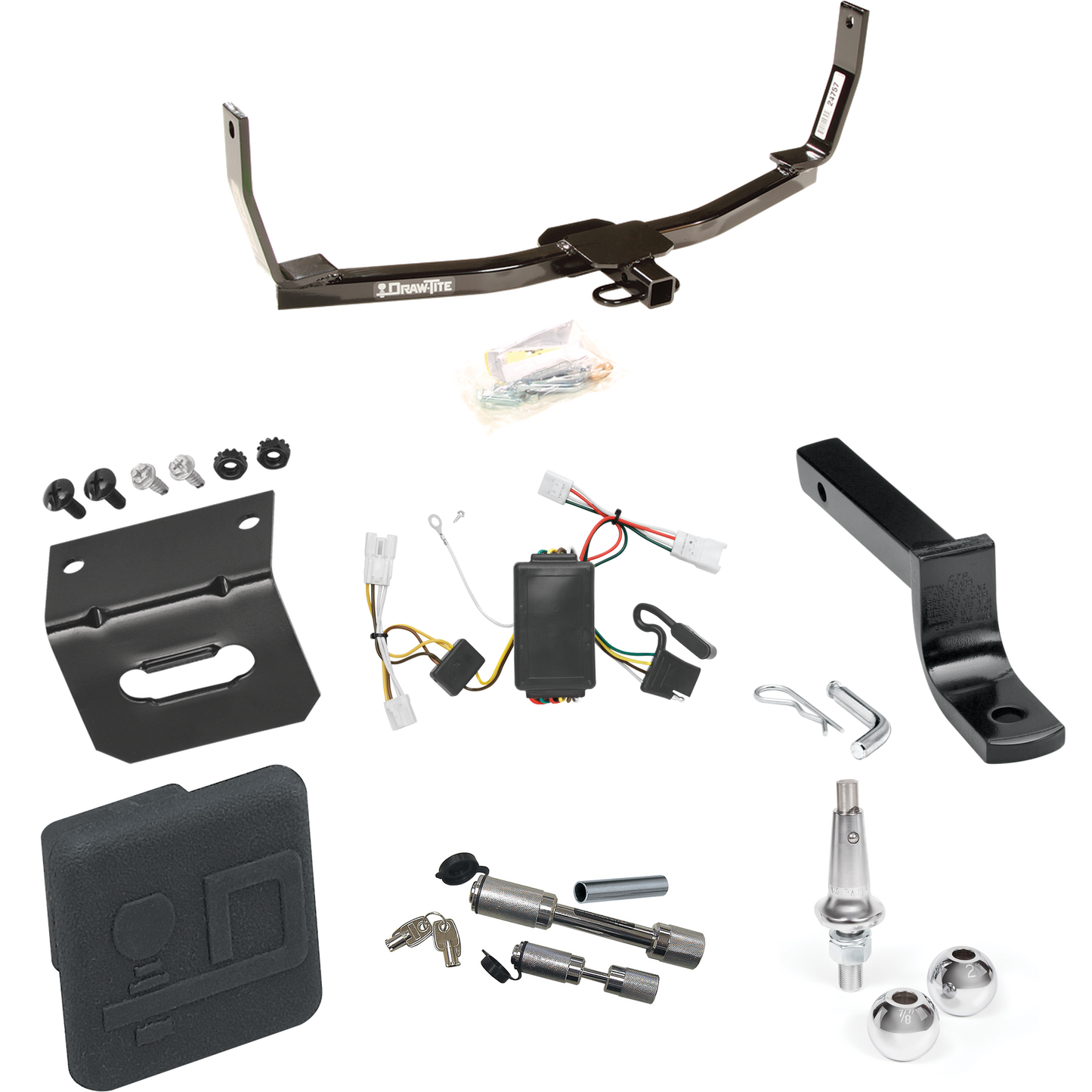 Fits 2006-2009 Hyundai Sonata Trailer Hitch Tow PKG w/ 4-Flat Wiring Harness + Draw-Bar + Interchangeable 1-7/8" & 2" Balls + Wiring Bracket + Hitch Cover + Dual Hitch & Coupler Locks By Draw-Tite