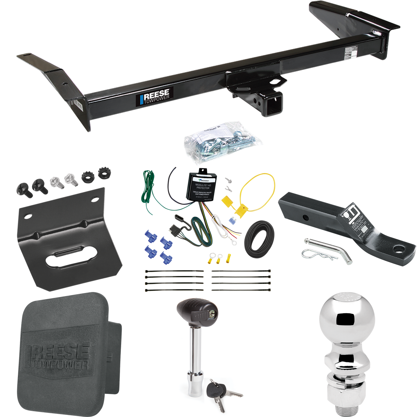 Fits 1981-2011 Lincoln Town Car Trailer Hitch Tow PKG w/ 4-Flat Wiring + Ball Mount w/ 2" Drop + 2-5/16" Ball + Wiring Bracket + Hitch Lock + Hitch Cover By Reese Towpower