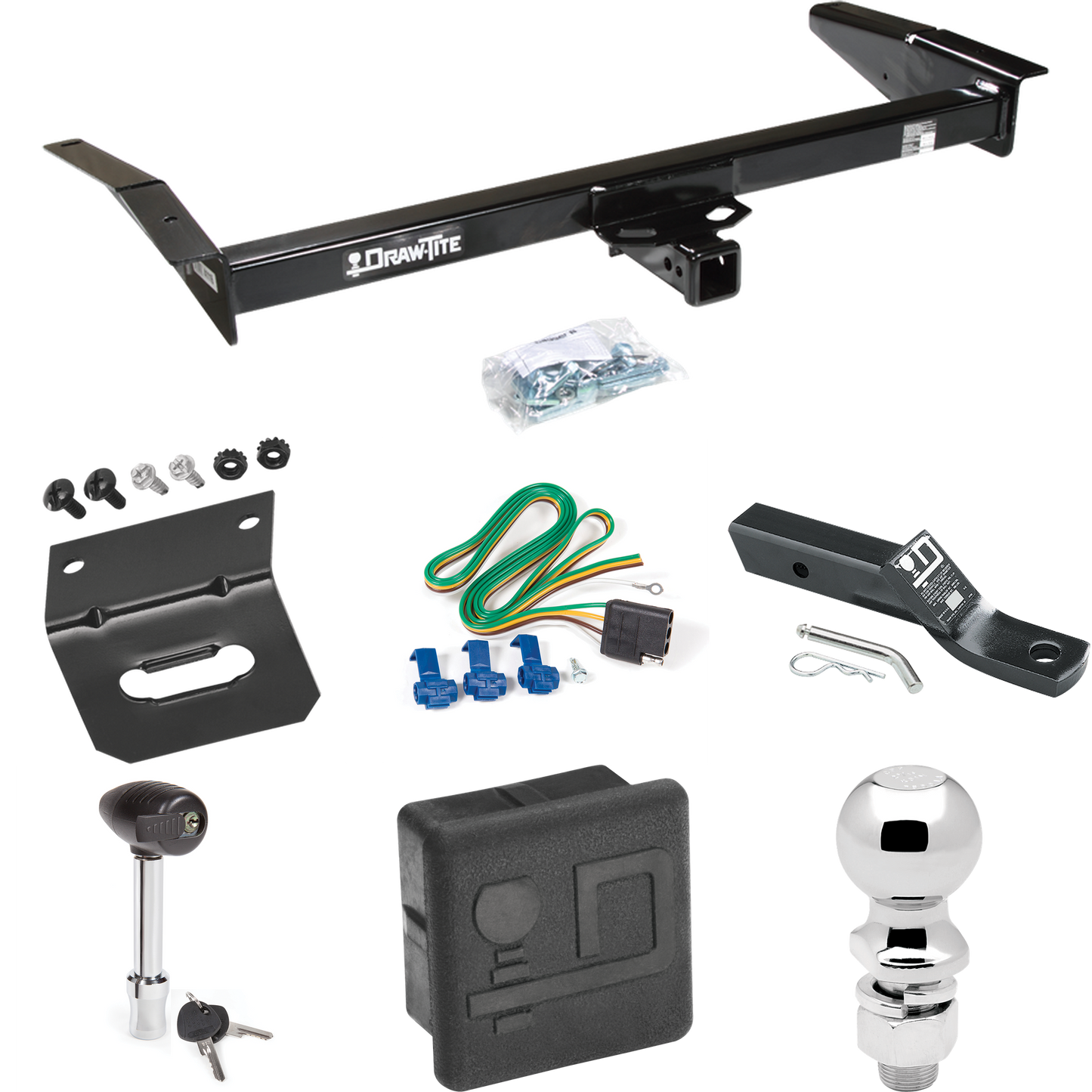 Fits 1983-1997 Mercury Grand Marquis Trailer Hitch Tow PKG w/ 4-Flat Wiring + Ball Mount w/ 2" Drop + 2-5/16" Ball + Wiring Bracket + Hitch Lock + Hitch Cover By Draw-Tite