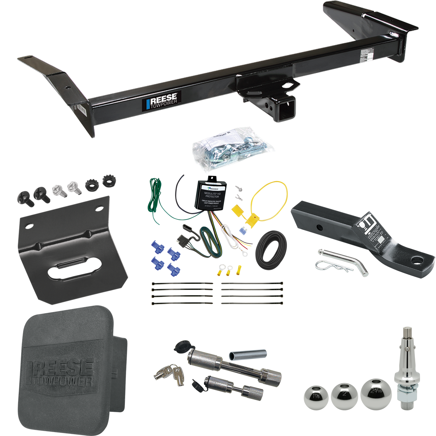 Fits 1998-2009 Ford Crown Victoria Trailer Hitch Tow PKG w/ 4-Flat Wiring + Ball Mount w/ 2" Drop + Interchangeable Ball 1-7/8" & 2" & 2-5/16" + Wiring Bracket + Dual Hitch & Coupler Locks + Hitch Cover By Reese Towpower