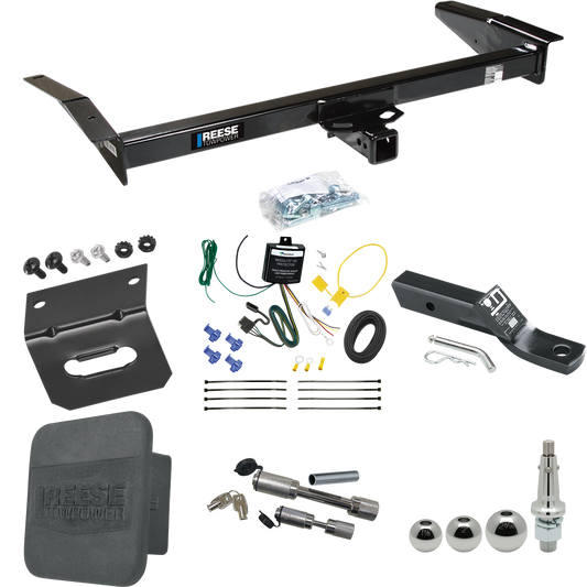 Fits 1998-2009 Ford Crown Victoria Trailer Hitch Tow PKG w/ 4-Flat Wiring + Ball Mount w/ 2" Drop + Interchangeable Ball 1-7/8" & 2" & 2-5/16" + Wiring Bracket + Dual Hitch & Coupler Locks + Hitch Cover By Reese Towpower