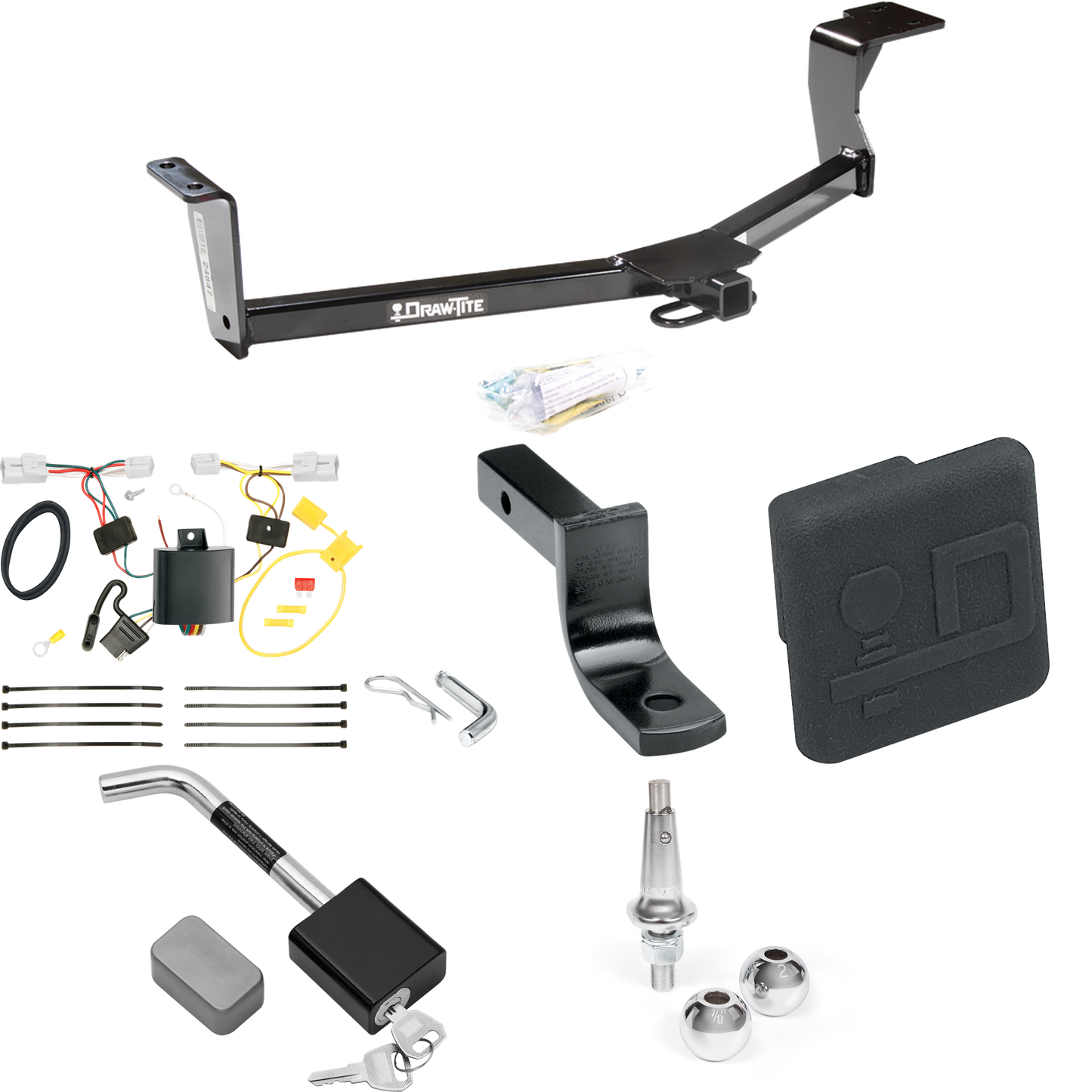 Se adapta al paquete de enganche de remolque Toyota Prius V 2012-2017 con arnés de cableado de 4 planos + barra de tracción + bolas intercambiables de 1-7/8" y 2" + cubierta de enganche + bloqueo de enganche de Draw-Tite