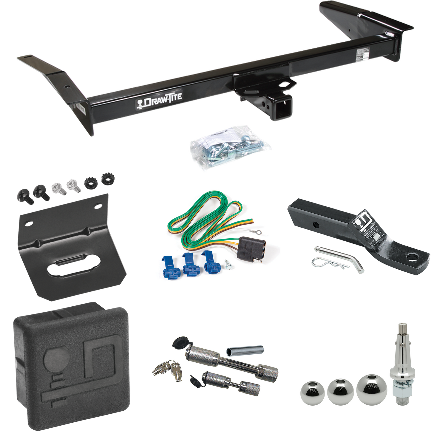 Fits 1980-1983 Lincoln Mark VI Trailer Hitch Tow PKG w/ 4-Flat Wiring + Ball Mount w/ 2" Drop + Interchangeable Ball 1-7/8" & 2" & 2-5/16" + Wiring Bracket + Dual Hitch & Coupler Locks + Hitch Cover By Draw-Tite