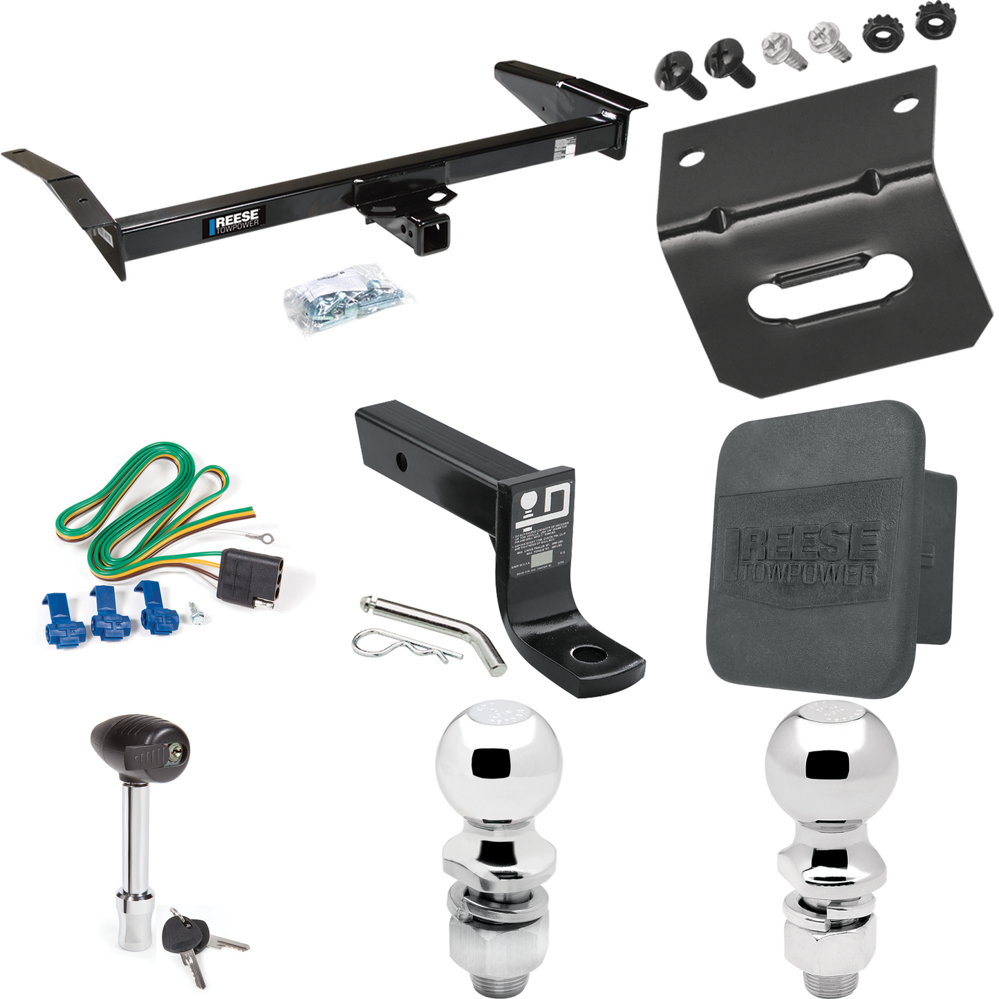 Fits 1992-1997 Ford Crown Victoria Trailer Hitch Tow PKG w/ 4-Flat Wiring + Ball Mount w/ 4" Drop + 2" Ball + 2-5/16" Ball + Wiring Bracket + Hitch Lock + Hitch Cover By Reese Towpower