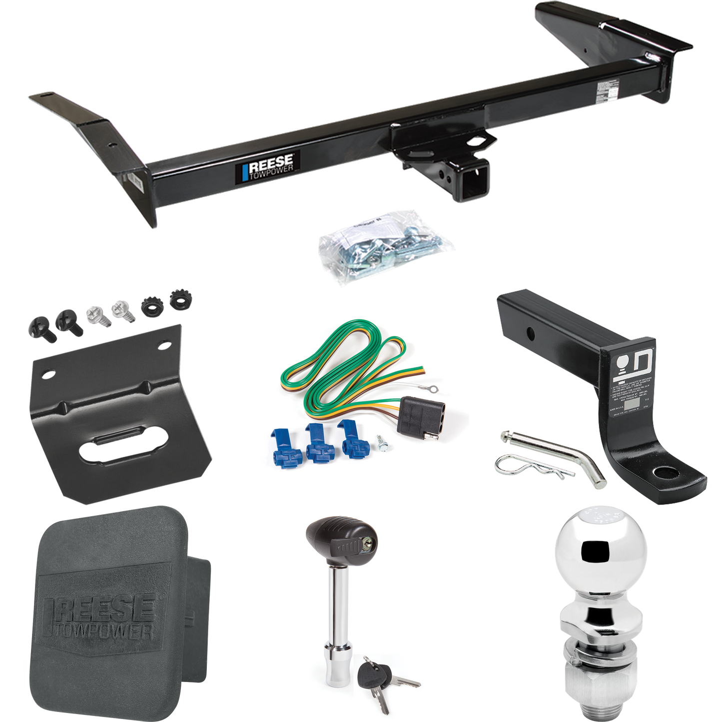 Se adapta al paquete de remolque con enganche para remolque Lincoln Mark VI 1980-1983 con cableado plano de 4 + soporte de bola con caída de 4" + bola de 2" + soporte de cableado + bloqueo de enganche + cubierta de enganche de Reese Towpower