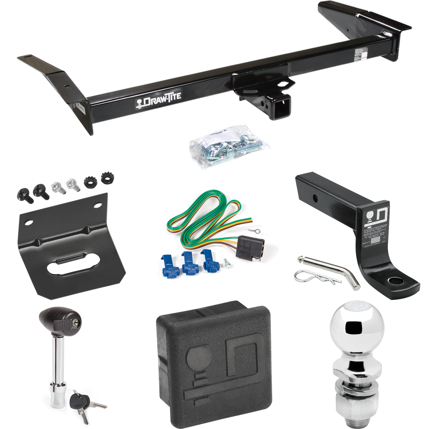 Se adapta al paquete de enganche para remolque Mercury Grand Marquis 1983-1997 con 4 cables planos + soporte de bola con caída de 4" + bola de 2" + soporte de cableado + bloqueo de enganche + cubierta de enganche de Draw-Tite