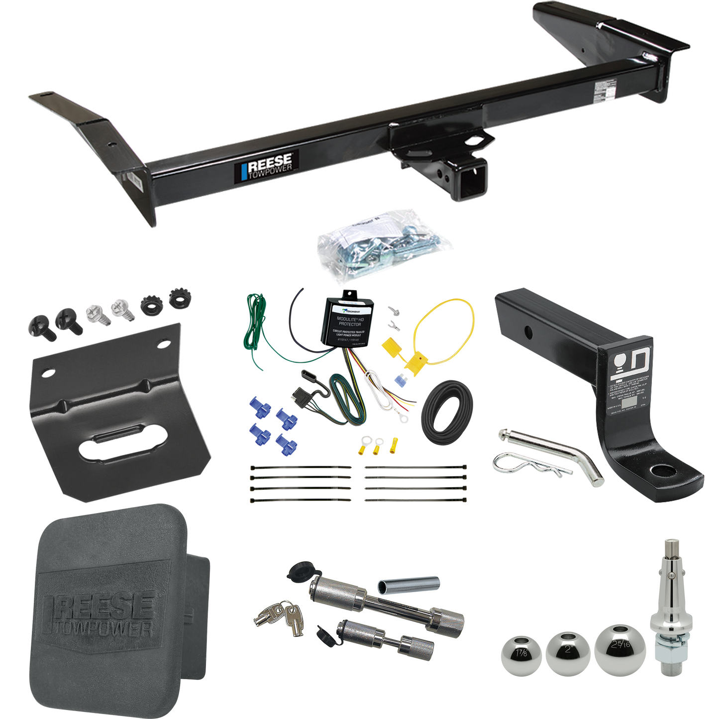 Fits 1998-2011 Mercury Grand Marquis Trailer Hitch Tow PKG w/ 4-Flat Wiring + Ball Mount w/ 4" Drop + Interchangeable Ball 1-7/8" & 2" & 2-5/16" + Wiring Bracket + Dual Hitch & Coupler Locks + Hitch Cover By Reese Towpower