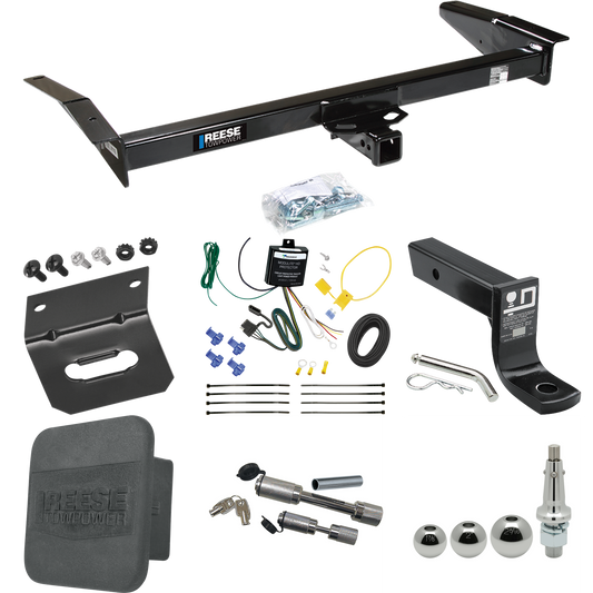 Fits 1998-2011 Mercury Grand Marquis Trailer Hitch Tow PKG w/ 4-Flat Wiring + Ball Mount w/ 4" Drop + Interchangeable Ball 1-7/8" & 2" & 2-5/16" + Wiring Bracket + Dual Hitch & Coupler Locks + Hitch Cover By Reese Towpower