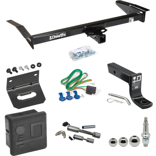 Fits 1979-1982 Ford LTD Trailer Hitch Tow PKG w/ 4-Flat Wiring + Ball Mount w/ 4" Drop + Interchangeable Ball 1-7/8" & 2" & 2-5/16" + Wiring Bracket + Dual Hitch & Coupler Locks + Hitch Cover By Draw-Tite