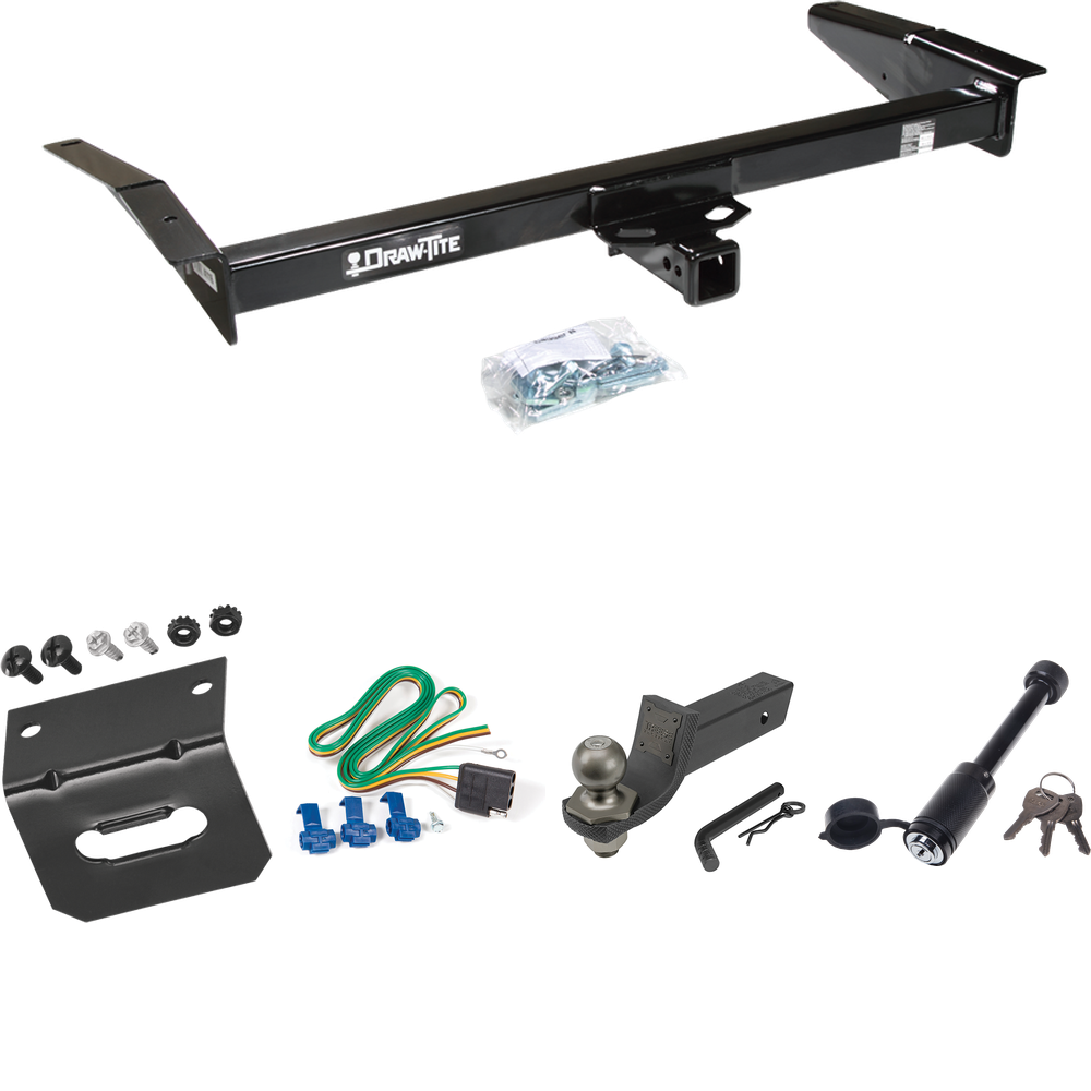 Fits 1992-1997 Ford Crown Victoria Trailer Hitch Tow PKG w/ 4-Flat Wiring + Interlock Tactical Starter Kit w/ 2" Drop & 2" Ball + Tactical Dogbone Lock + Wiring Bracket By Draw-Tite