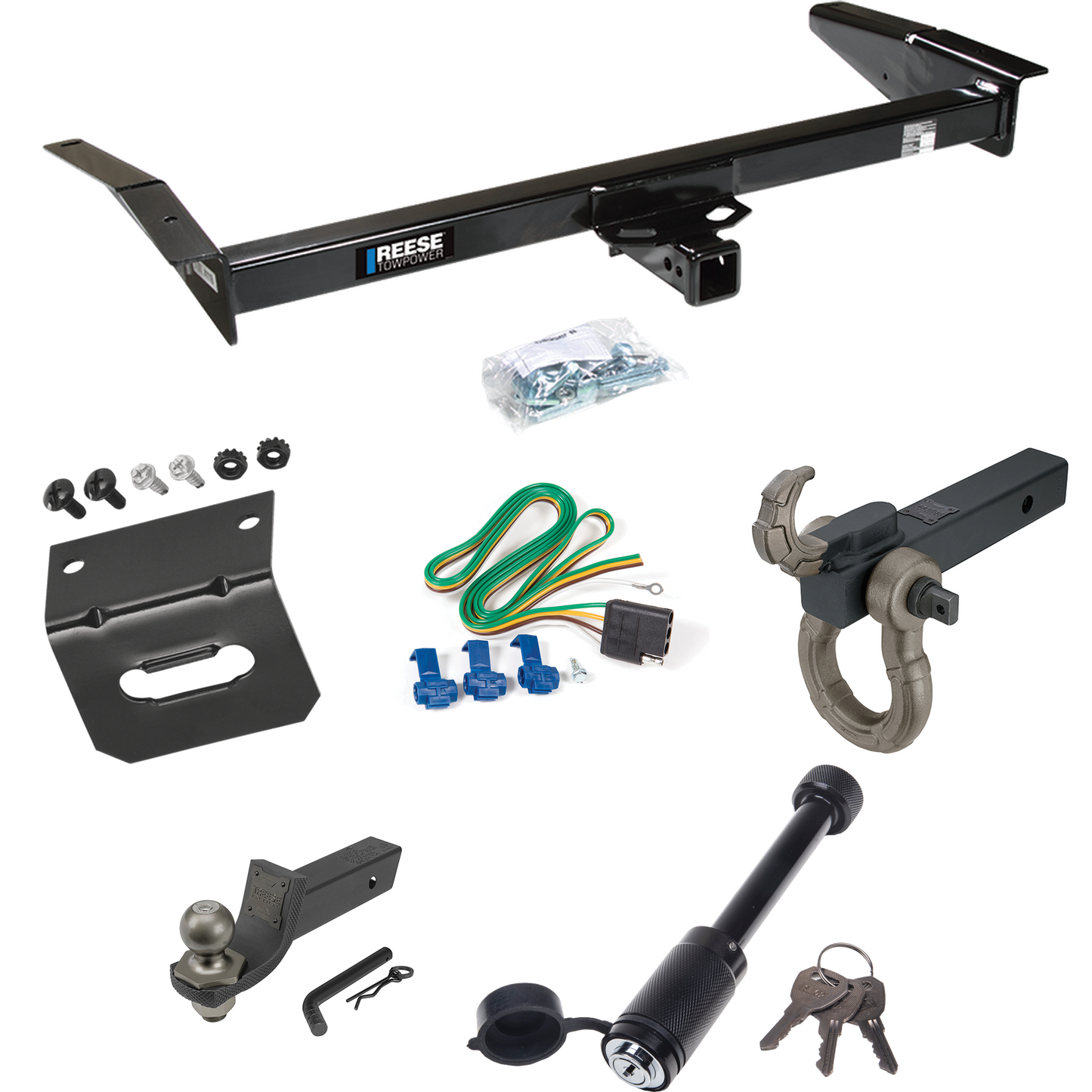 Fits 1983-1991 Ford LTD Crown Victoria Trailer Hitch Tow PKG w/ 4-Flat Wiring + Interlock Tactical Starter Kit w/ 2" Drop & 2" Ball + Tactical Hook & Shackle Mount + Tactical Dogbone Lock + Wiring Bracket By Reese Towpower