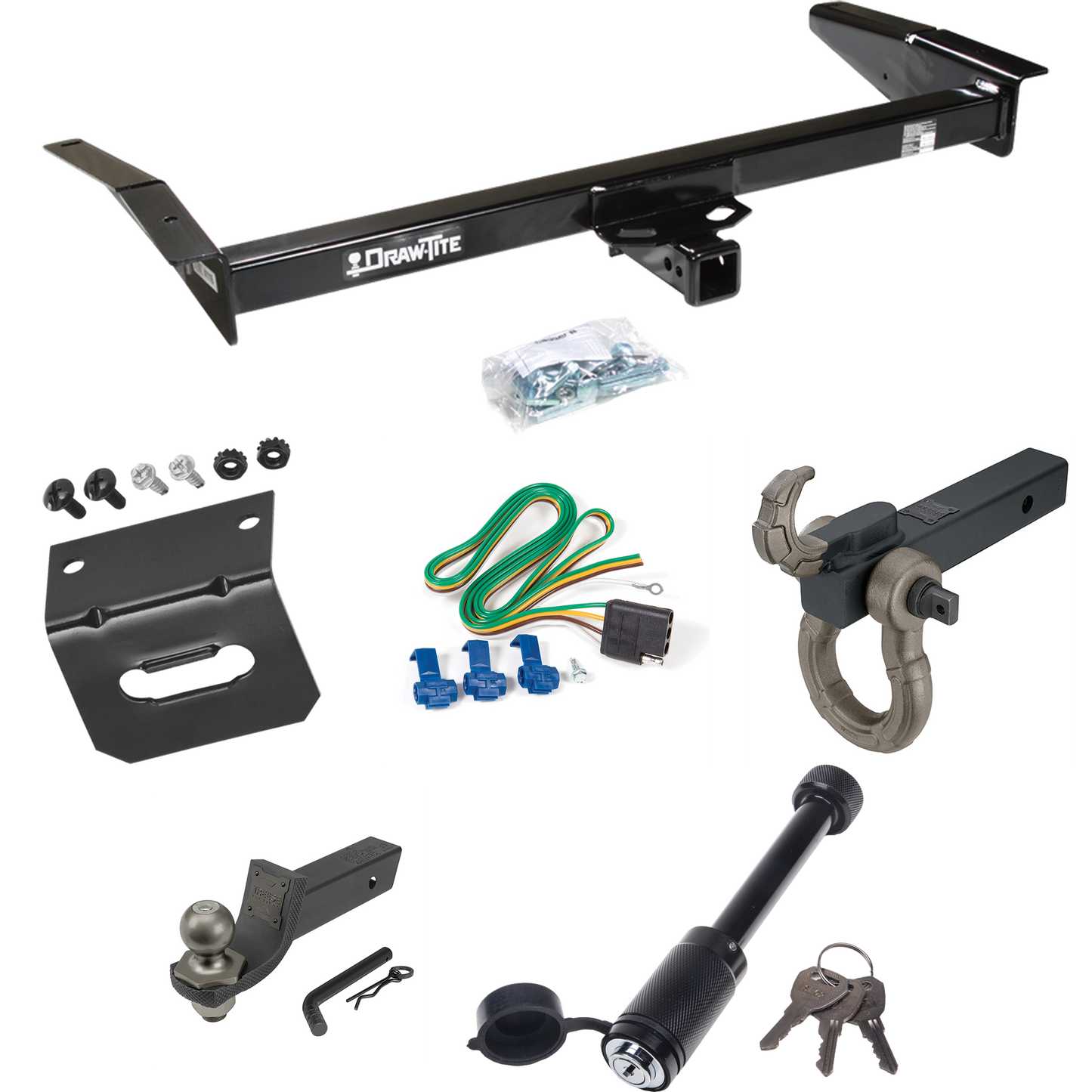 Fits 1992-1997 Ford Crown Victoria Trailer Hitch Tow PKG w/ 4-Flat Wiring + Interlock Tactical Starter Kit w/ 2" Drop & 2" Ball + Tactical Hook & Shackle Mount + Tactical Dogbone Lock + Wiring Bracket By Draw-Tite