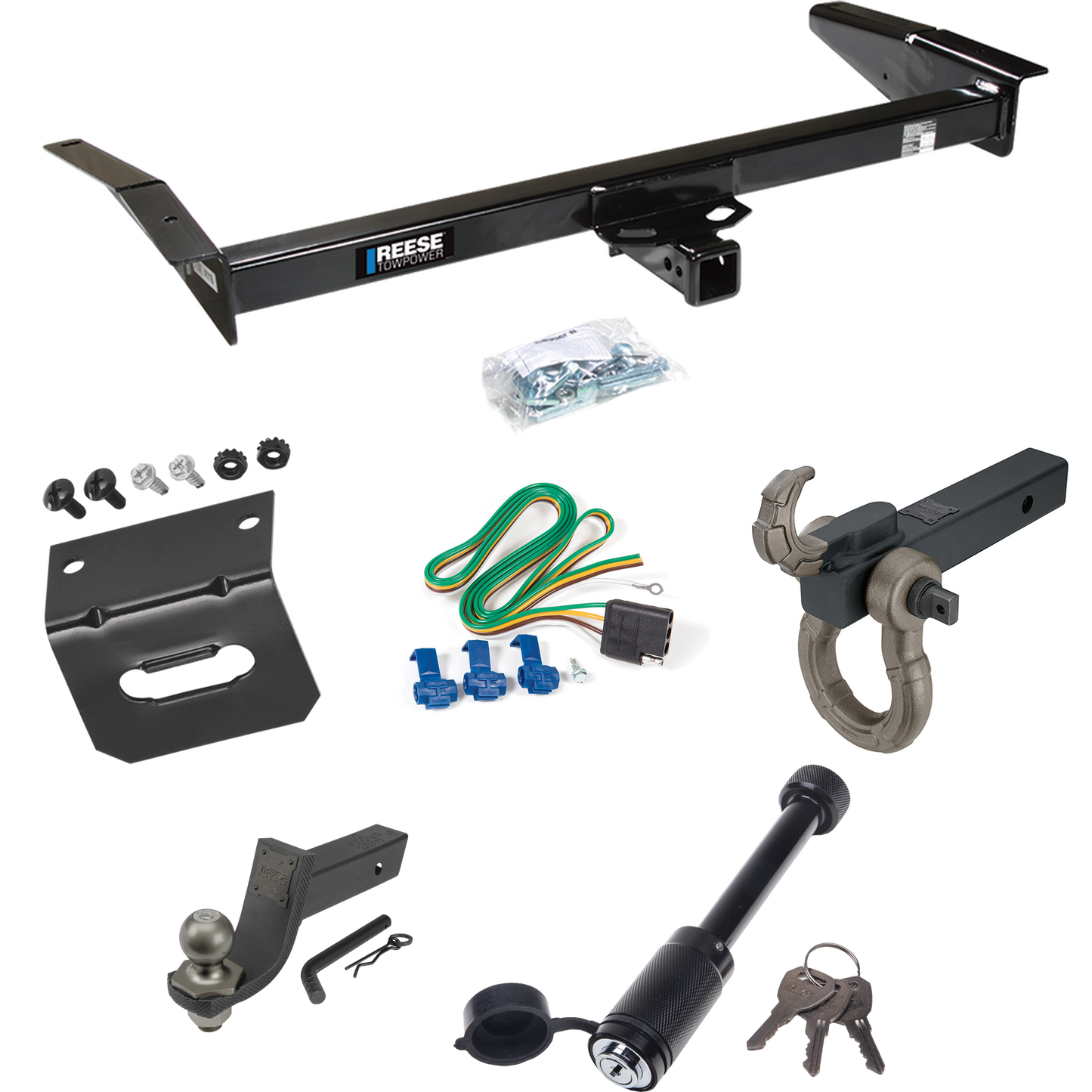 Fits 1980-1983 Lincoln Mark VI Trailer Hitch Tow PKG w/ 4-Flat Wiring + Interlock Tactical Starter Kit w/ 3-1/4" Drop & 2" Ball + Tactical Hook & Shackle Mount + Tactical Dogbone Lock + Wiring Bracket By Reese Towpower