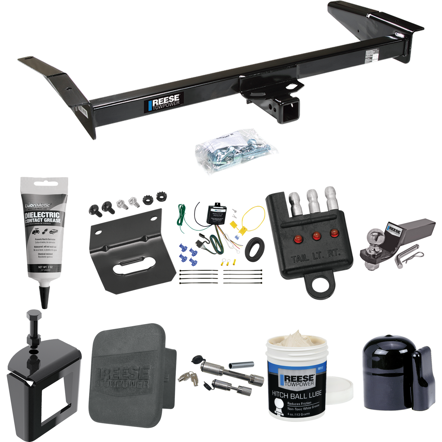 Fits 1998-2009 Ford Crown Victoria Trailer Hitch Tow PKG w/ 4-Flat Wiring + Starter Kit Ball Mount w/ 2" Drop & 2" Ball + 1-7/8" Ball + Wiring Bracket + Dual Hitch & Coupler Locks + Hitch Cover + Wiring Tester + Ball Lube + Electric Grease + Ball Wre