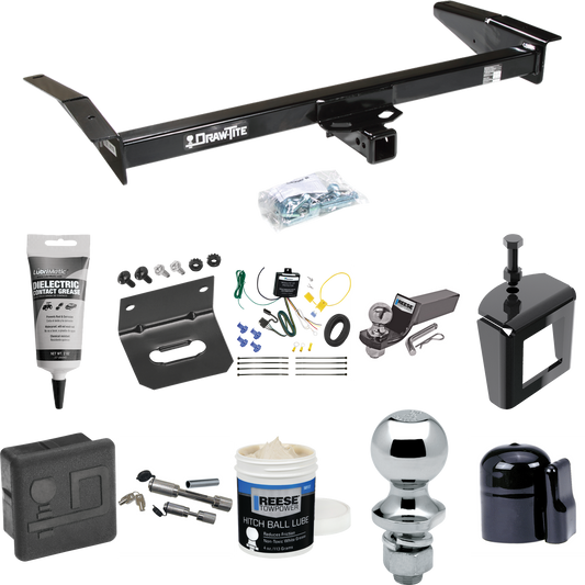 Fits 1998-2009 Ford Crown Victoria Trailer Hitch Tow PKG w/ 4-Flat Wiring + Starter Kit Ball Mount w/ 2" Drop & 2" Ball + 1-7/8" Ball + Wiring Bracket + Dual Hitch & Coupler Locks + Hitch Cover + Wiring Tester + Ball Lube +Electric Grease + Ball Wren