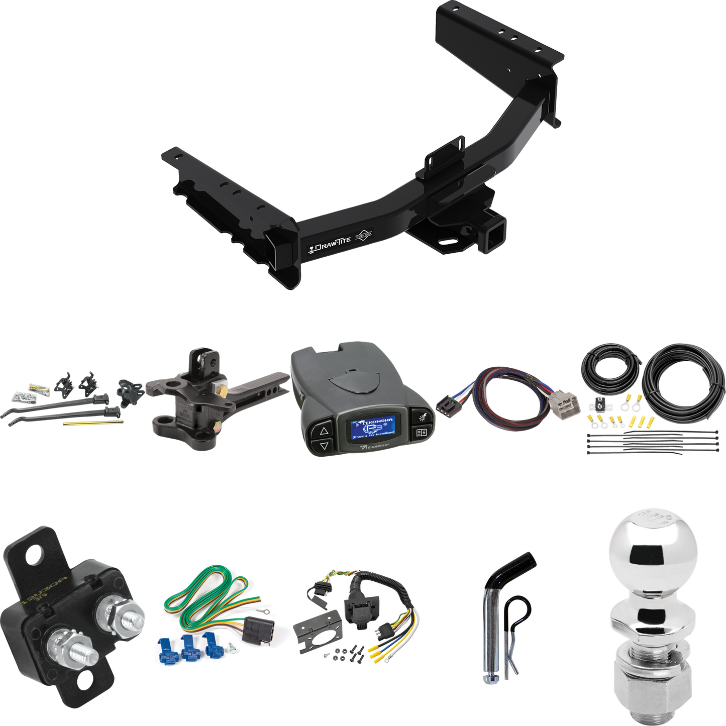 Fits 2019-2023 RAM 1500 Trailer Hitch Tow PKG w/ 17K Trunnion Bar Weight Distribution Hitch + Pin/Clip + 2-5/16" Ball + Tekonsha Prodigy P3 Brake Control + Plug & Play BC Adapter + 7-Way RV Wiring (For (New Body Style) Models) By Draw-Tite