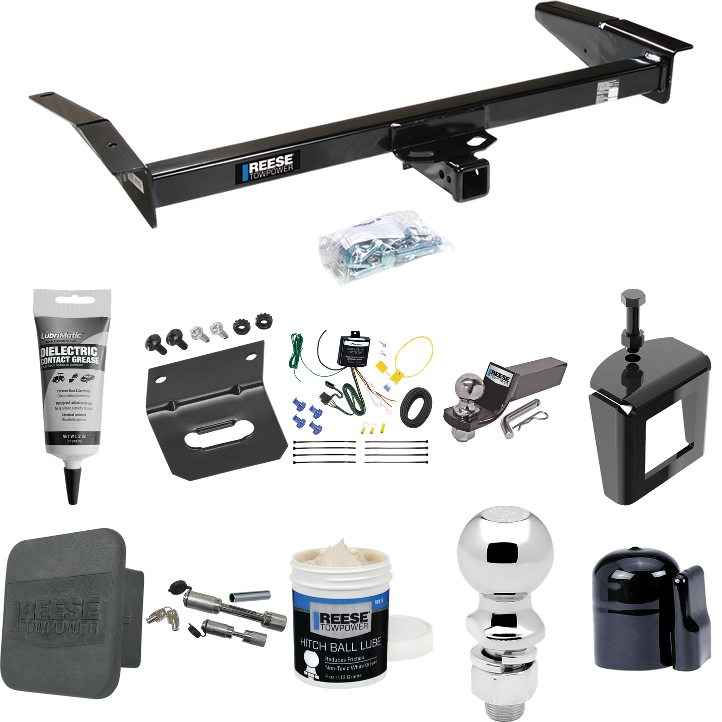 Fits 1998-2009 Ford Crown Victoria Trailer Hitch Tow PKG w/ 4-Flat Wiring + Starter Kit Ball Mount w/ 2" Drop & 2" Ball + 2-5/16" Ball + Wiring Bracket + Dual Hitch & Coupler Locks + Hitch Cover + Wiring Tester + Ball Lube +Electric Grease + Ball Wre