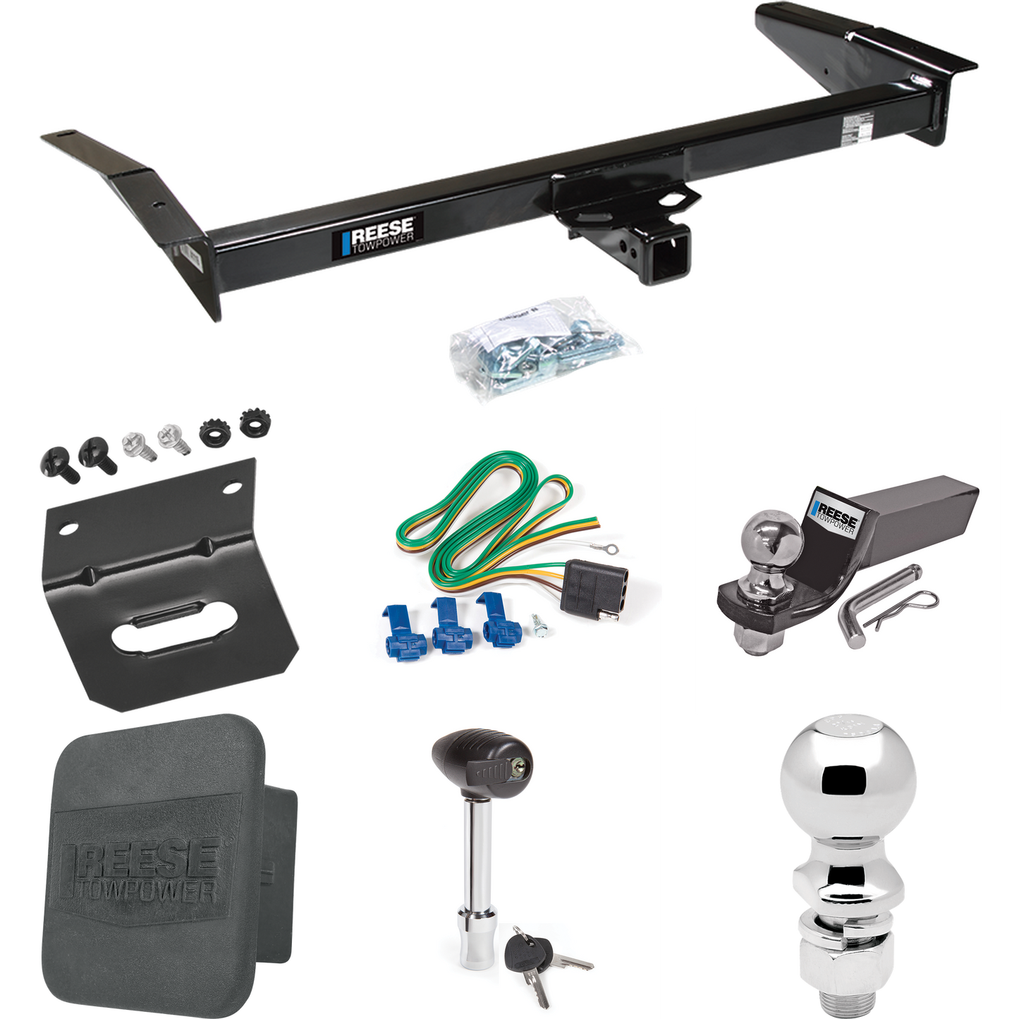 Fits 1980-1983 Lincoln Mark VI Trailer Hitch Tow PKG w/ 4-Flat Wiring + Starter Kit Ball Mount w/ 2" Drop & 2" Ball + 2-5/16" Ball + Wiring Bracket + Hitch Lock + Hitch Cover By Reese Towpower