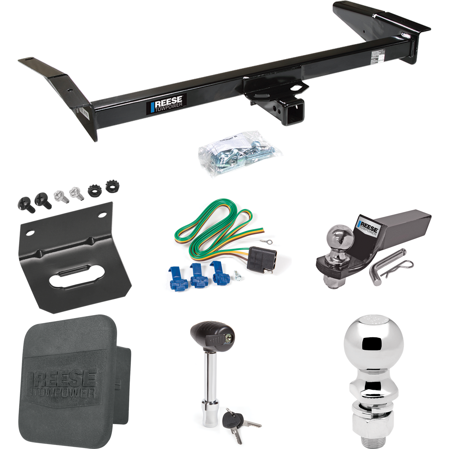 Fits 1983-1997 Mercury Grand Marquis Trailer Hitch Tow PKG w/ 4-Flat Wiring + Starter Kit Ball Mount w/ 2" Drop & 2" Ball + 2-5/16" Ball + Wiring Bracket + Hitch Lock + Hitch Cover By Reese Towpower