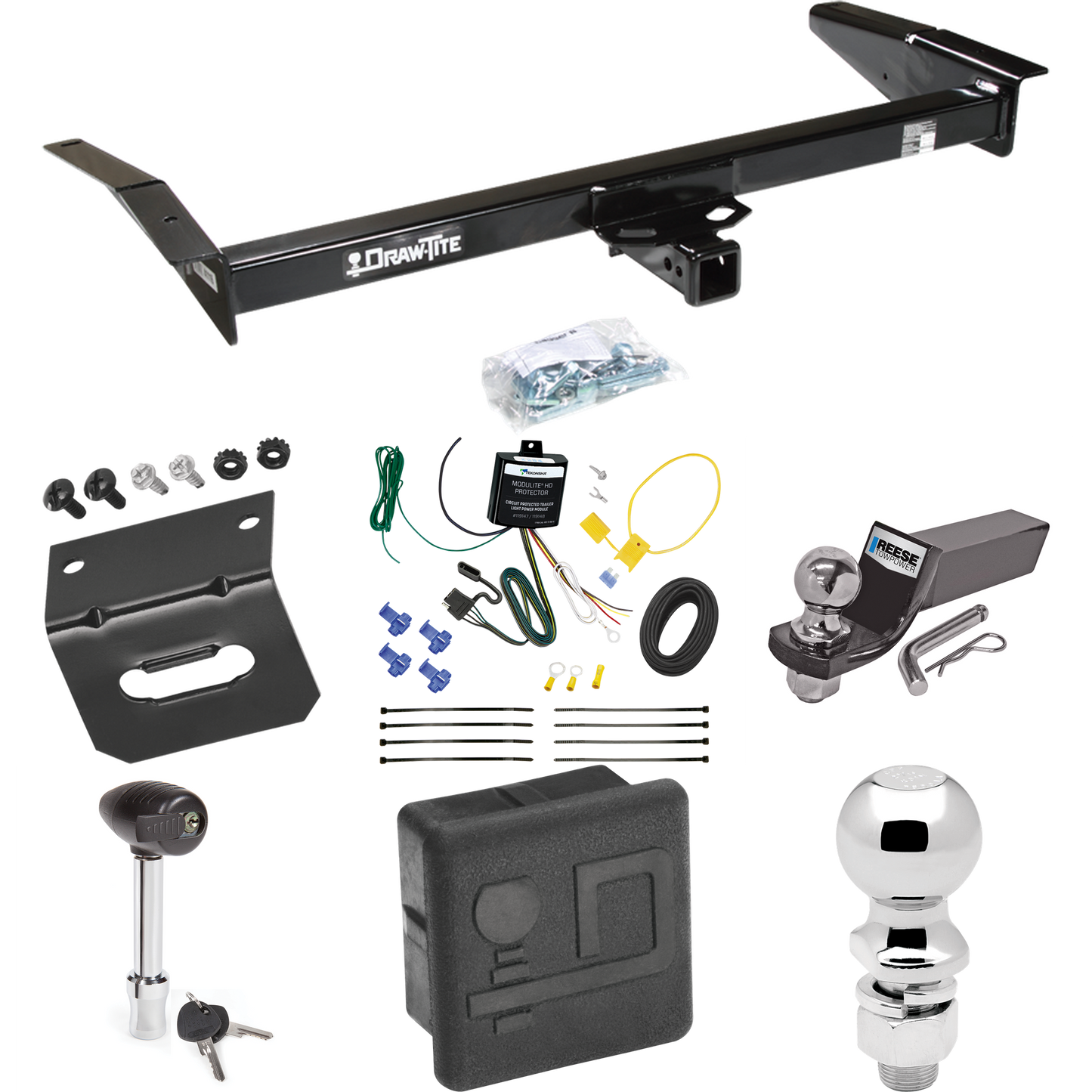 Fits 1981-2011 Lincoln Town Car Trailer Hitch Tow PKG w/ 4-Flat Wiring + Starter Kit Ball Mount w/ 2" Drop & 2" Ball + 2-5/16" Ball + Wiring Bracket + Hitch Lock + Hitch Cover By Draw-Tite