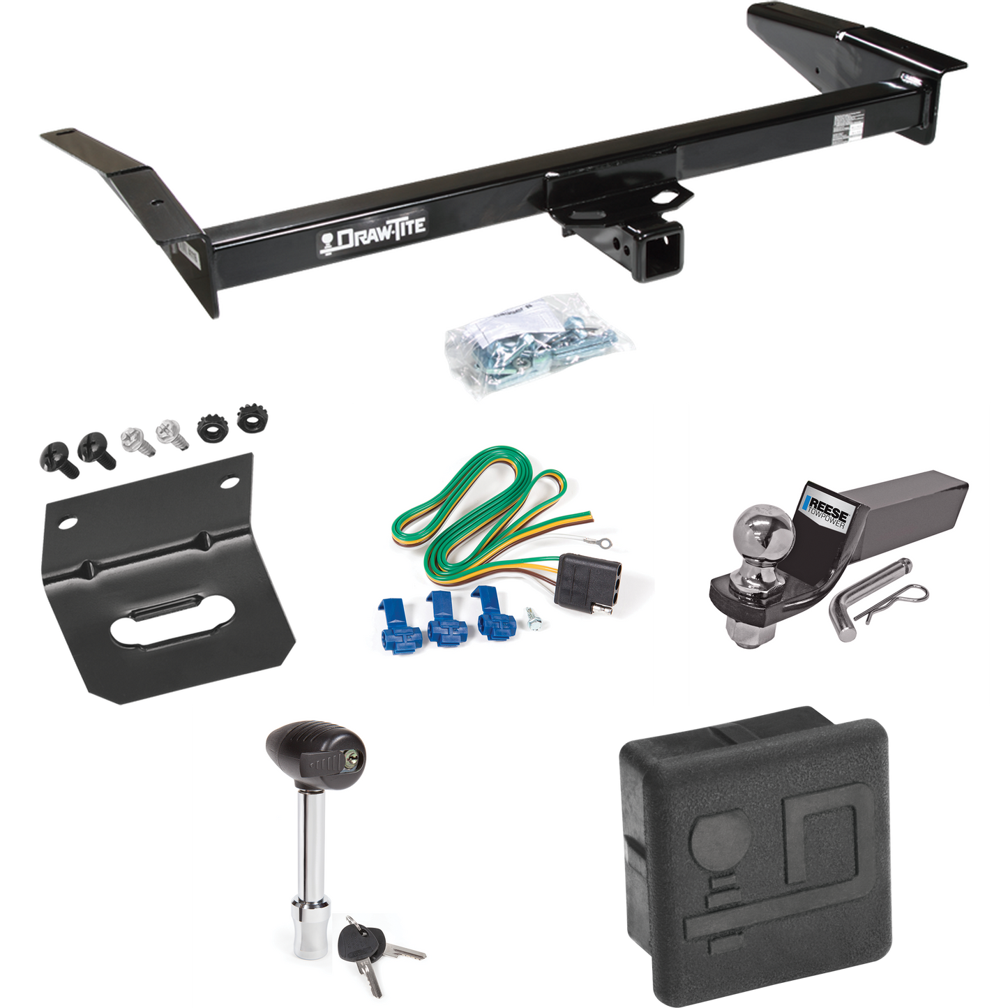 Fits 1992-1997 Ford Crown Victoria Trailer Hitch Tow PKG w/ 4-Flat Wiring + Starter Kit Ball Mount w/ 2" Drop & 2" Ball + Wiring Bracket + Hitch Lock + Hitch Cover By Draw-Tite