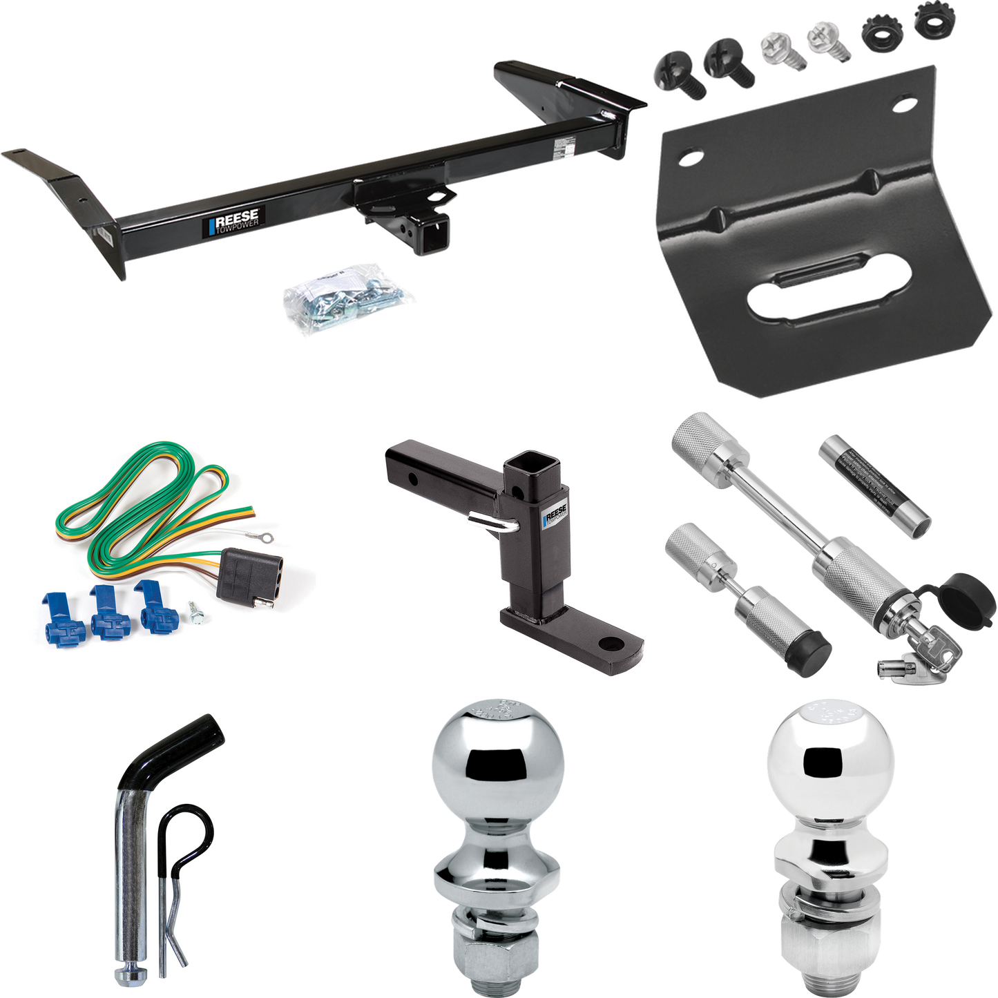 Se adapta al paquete de remolque con enganche para remolque Lincoln Mark VI 1980-1983 con arnés de cableado plano de 4 + soporte de bola ajustable + pasador/clip + bola de 2" + bola de 1-7/8" + enganche doble y bloqueos de acoplador de Reese Towpower