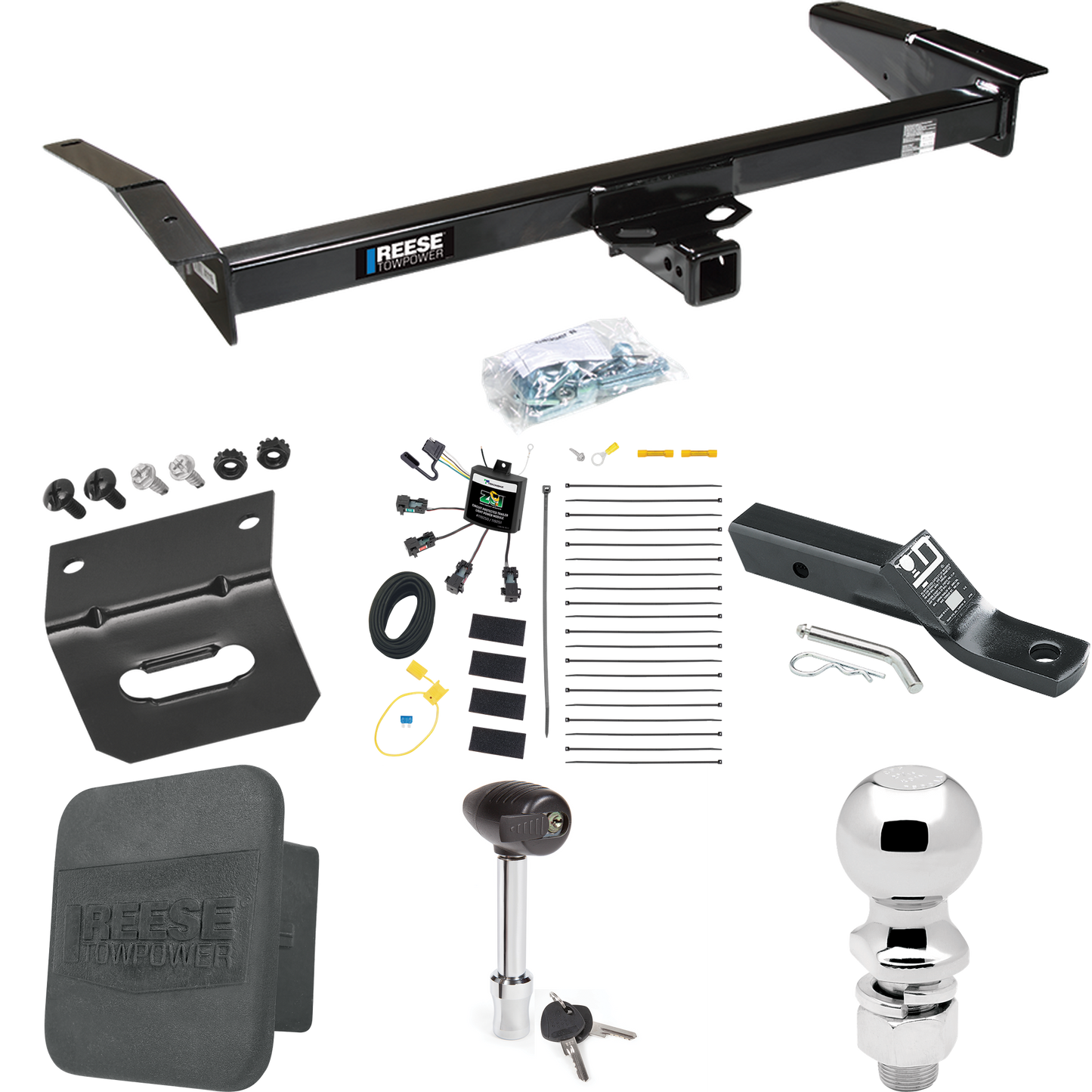 Fits 1998-2011 Mercury Grand Marquis Trailer Hitch Tow PKG w/ 4-Flat Zero Contact "No Splice" Wiring + Ball Mount w/ 2" Drop + 2-5/16" Ball + Wiring Bracket + Hitch Lock + Hitch Cover By Reese Towpower