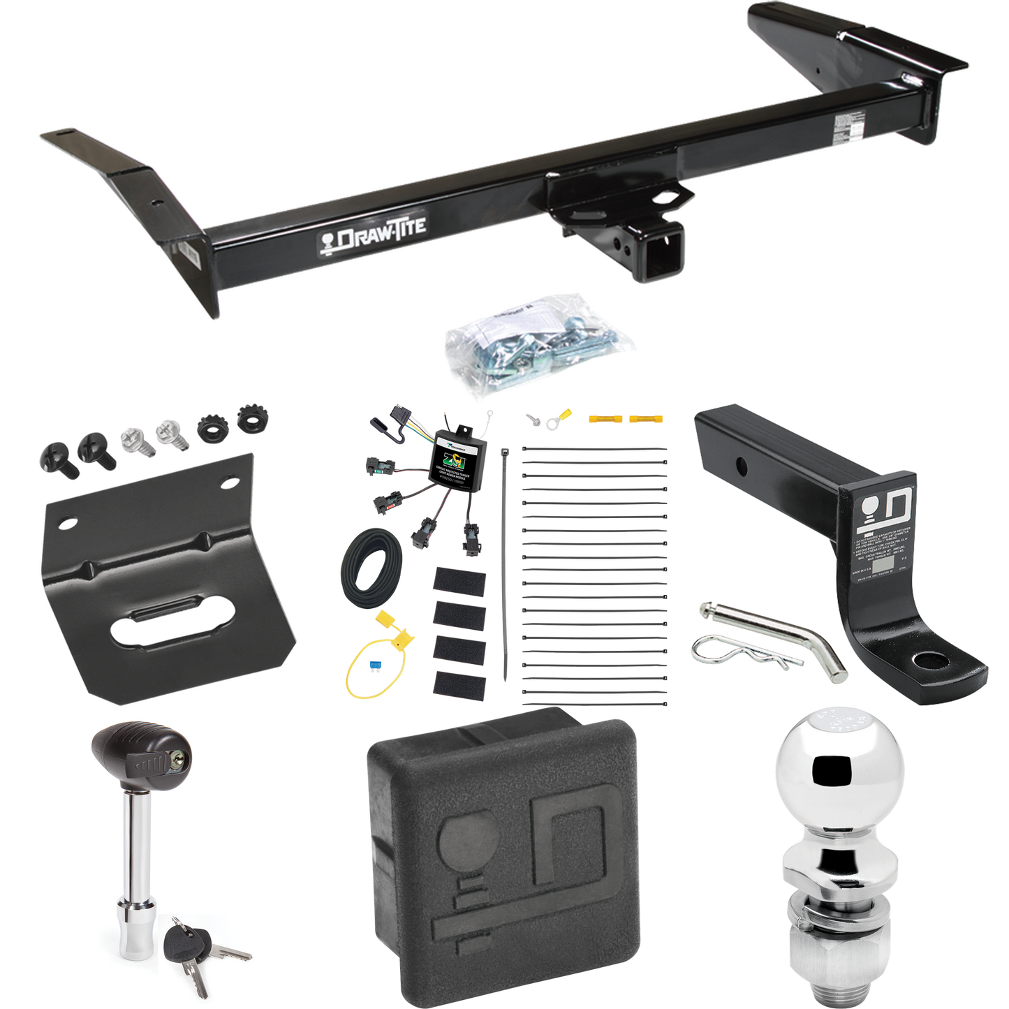 Fits 1981-2011 Lincoln Town Car Trailer Hitch Tow PKG w/ 4-Flat Zero Contact "No Splice" Wiring + Ball Mount w/ 4" Drop + 2" Ball + Wiring Bracket + Hitch Lock + Hitch Cover By Draw-Tite
