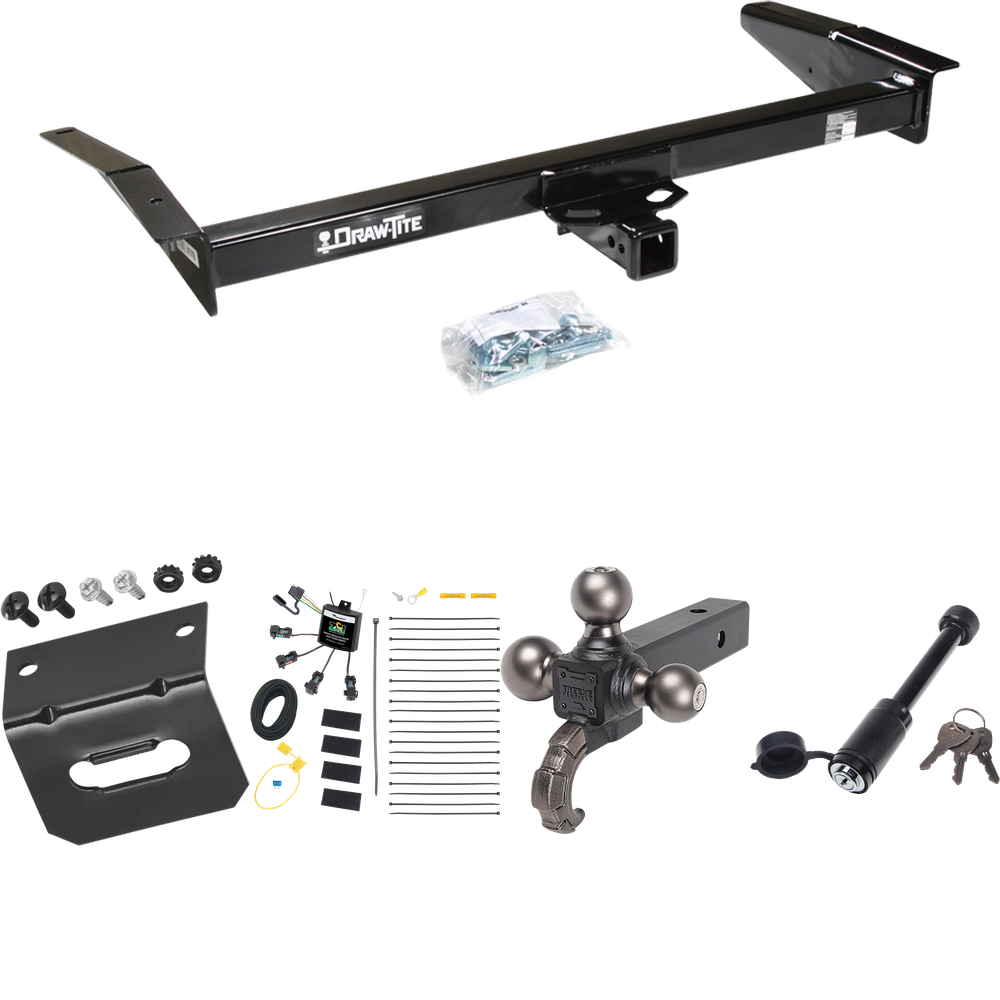 Fits 1998-2011 Mercury Grand Marquis Trailer Hitch Tow PKG w/ 4-Flat Zero Contact "No Splice" Wiring + Triple Ball Tactical Ball Mount 1-7/8" & 2" & 2-5/16" Balls w/ Tow Hook + Tactical Dogbone Lock + Wiring Bracket By Draw-Tite