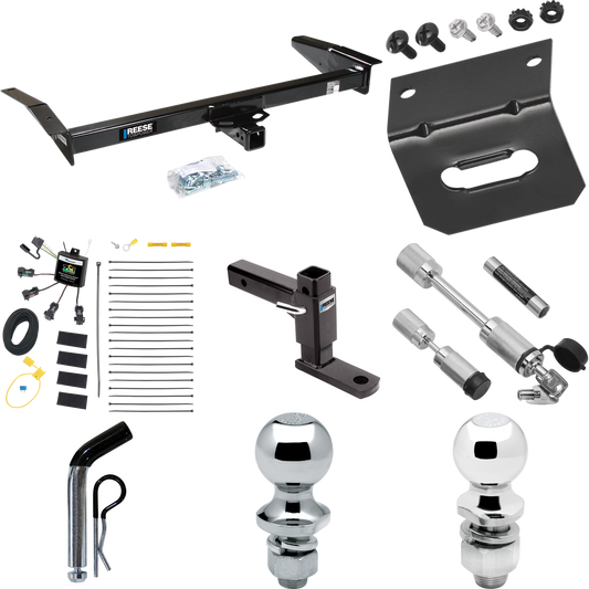 Fits 1981-2011 Lincoln Town Car Trailer Hitch Tow PKG w/ 4-Flat Zero Contact "No Splice" Wiring Harness + Adjustable Drop Rise Ball Mount + Pin/Clip + 2" Ball + 1-7/8" Ball + Dual Hitch & Coupler Locks By Reese Towpower