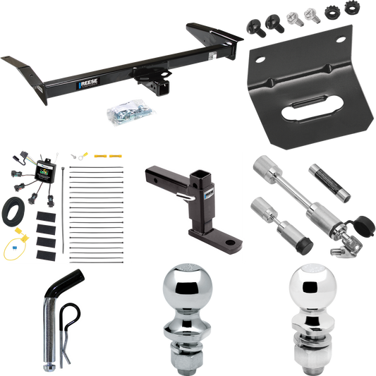 Fits 1998-2009 Ford Crown Victoria Trailer Hitch Tow PKG w/ 4-Flat Zero Contact "No Splice" Wiring Harness + Adjustable Drop Rise Ball Mount + Pin/Clip + 2" Ball + 1-7/8" Ball + Dual Hitch & Coupler Locks By Reese Towpower