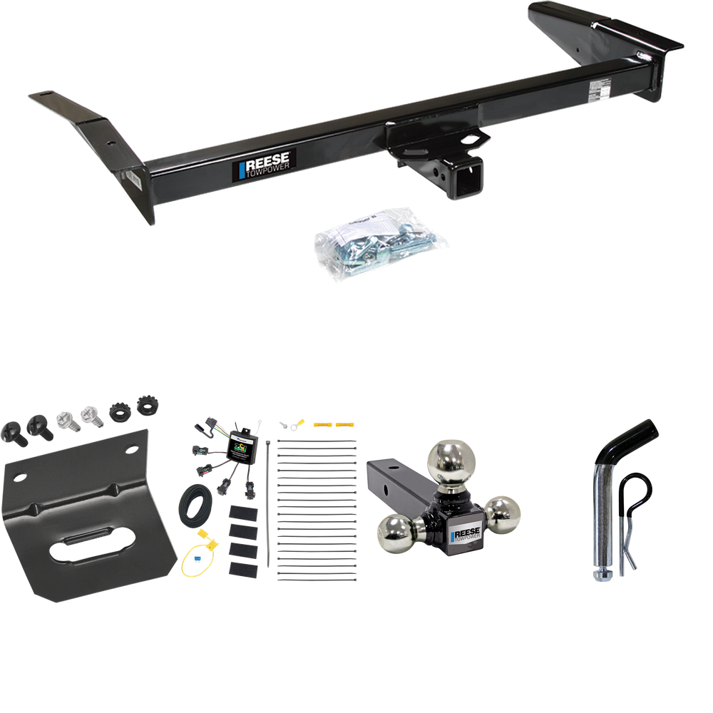 Fits 1998-2009 Ford Crown Victoria Trailer Hitch Tow PKG w/ 4-Flat Zero Contact "No Splice" Wiring Harness + Triple Ball Ball Mount 1-7/8" & 2" & 2-5/16" Trailer Balls + Pin/Clip + Wiring Bracket By Reese Towpower